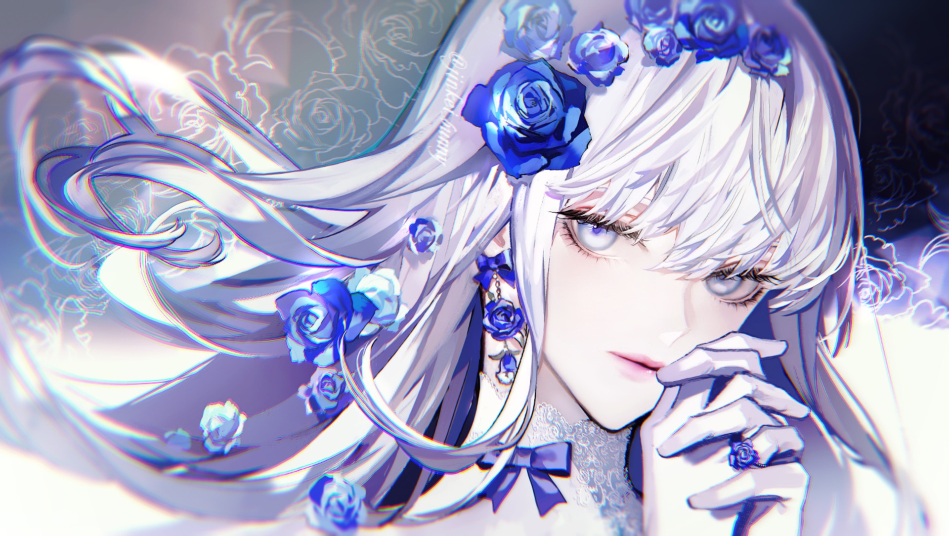 Anime girl with white hair and blue roses HD Wallpaper