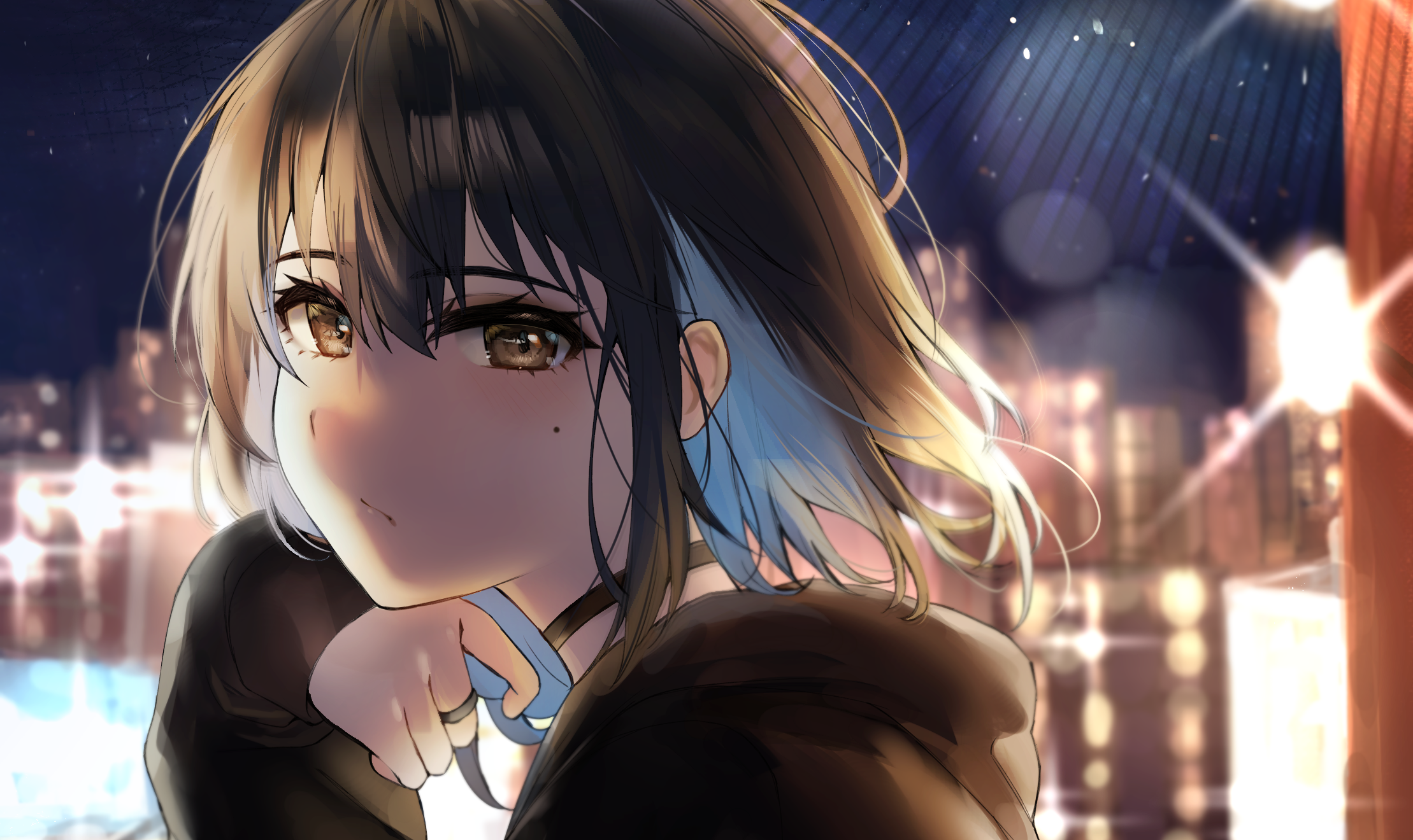 Anime girl with blue streaks in hair at night HD Wallpaper