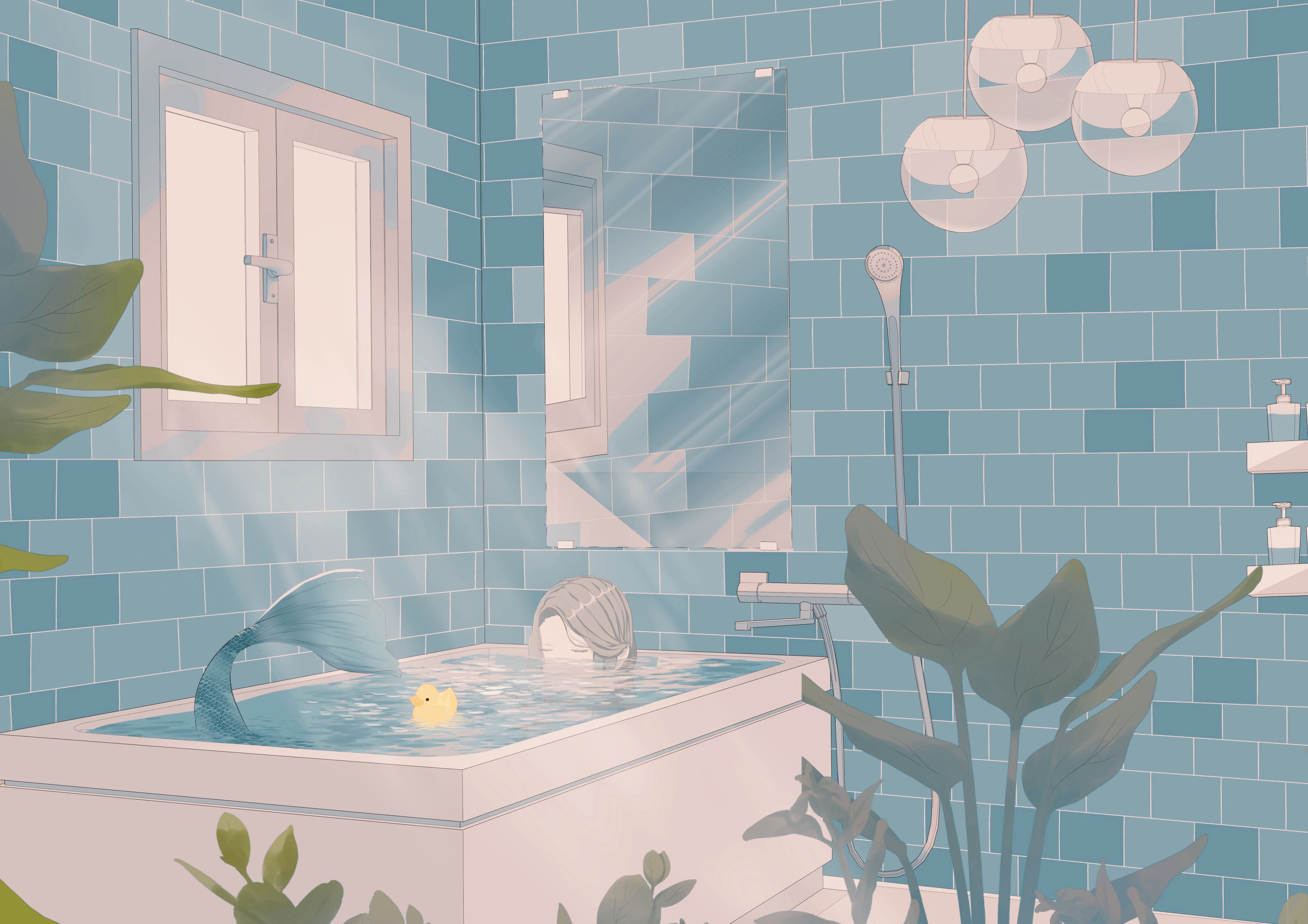 Mermaid in a bathtub with a rubber duck HD Wallpaper