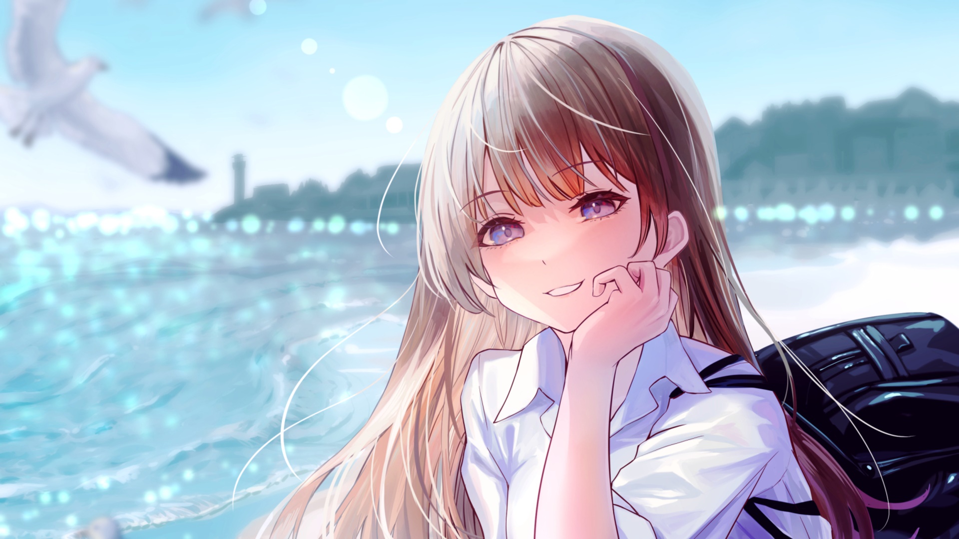 Anime girl with long hair by the sea HD Wallpaper