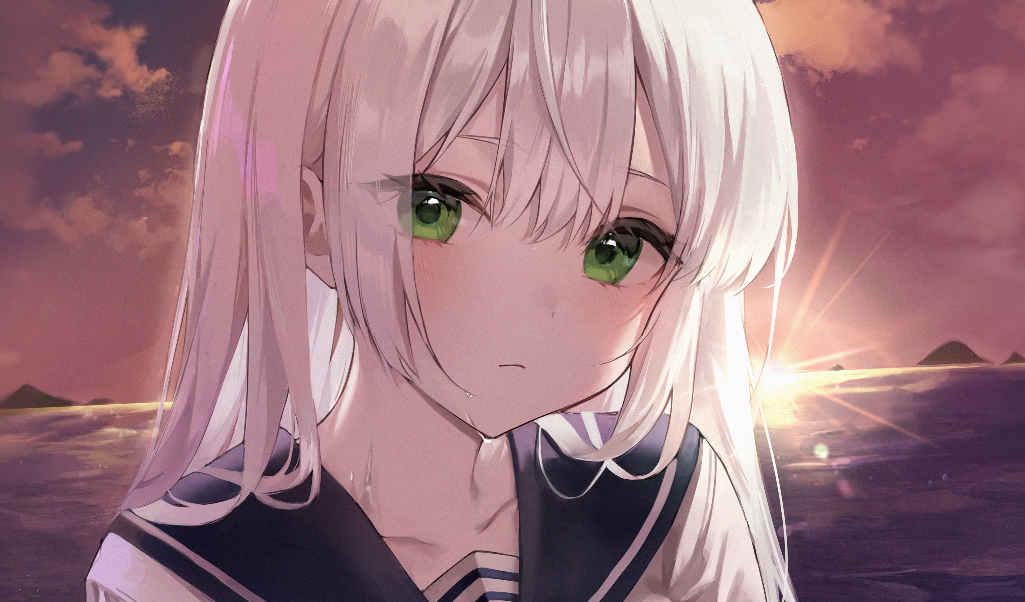 Anime girl with white hair and green eyes at sunset HD Wallpaper