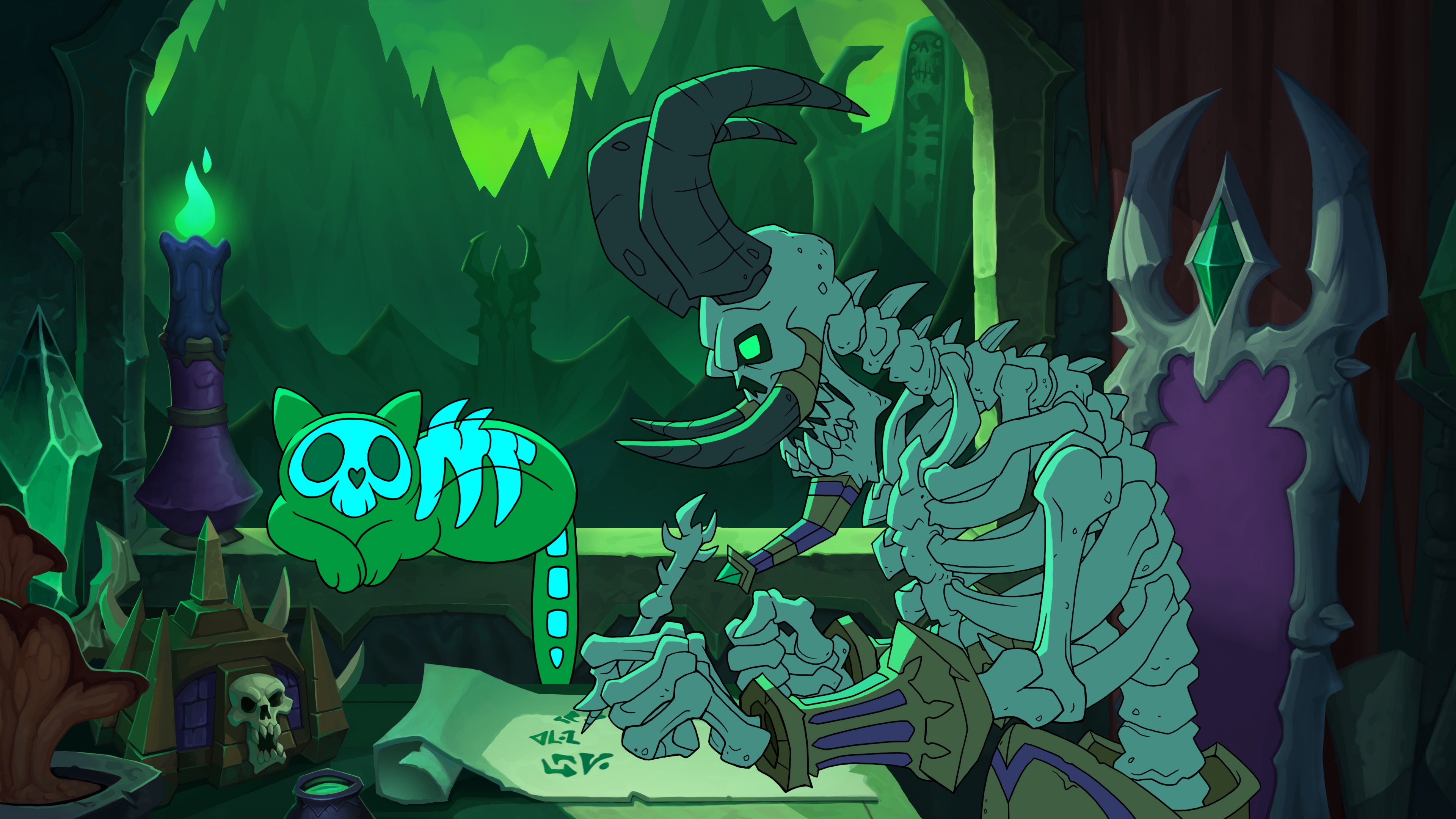 Skeleton Lich and Cat from World of Warcraft 4K HD Wallpaper