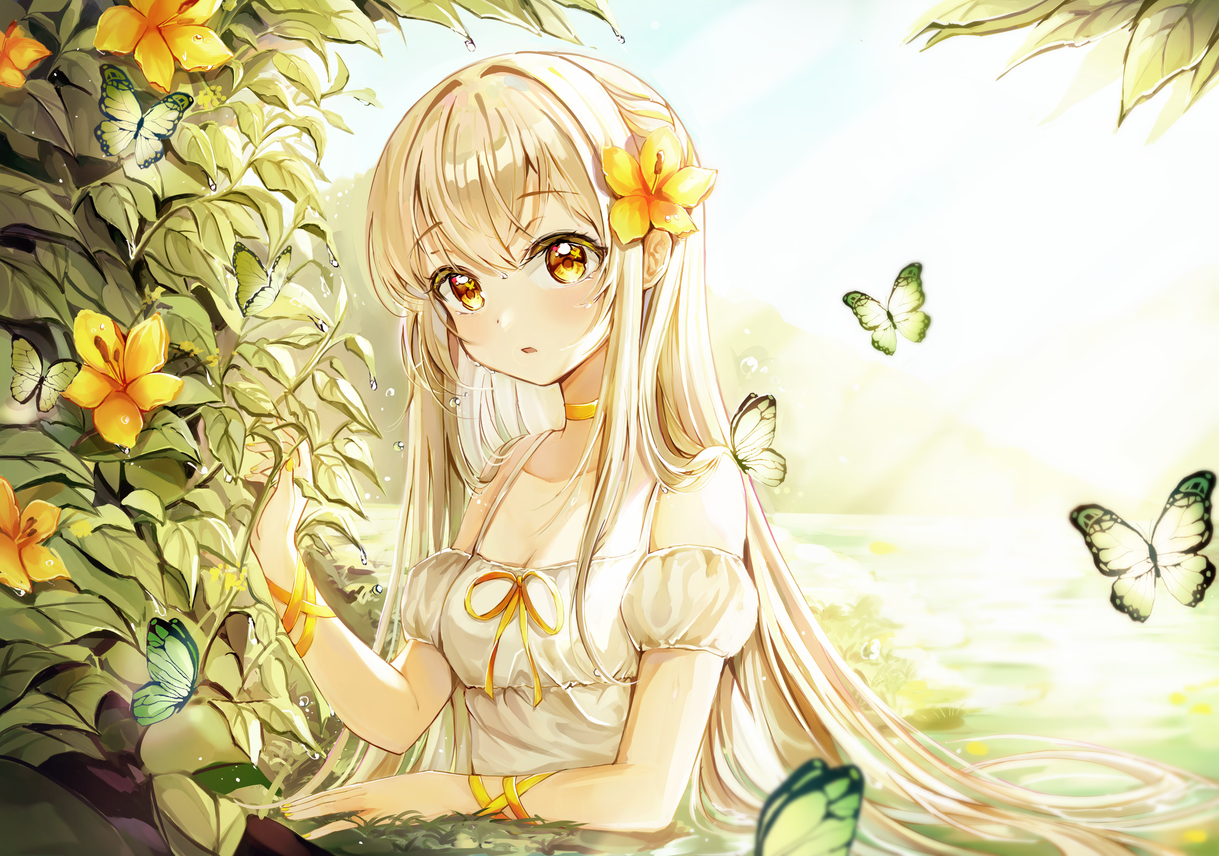 Anime girl with blonde hair and yellow flower in garden with butterflies HD Wallpaper