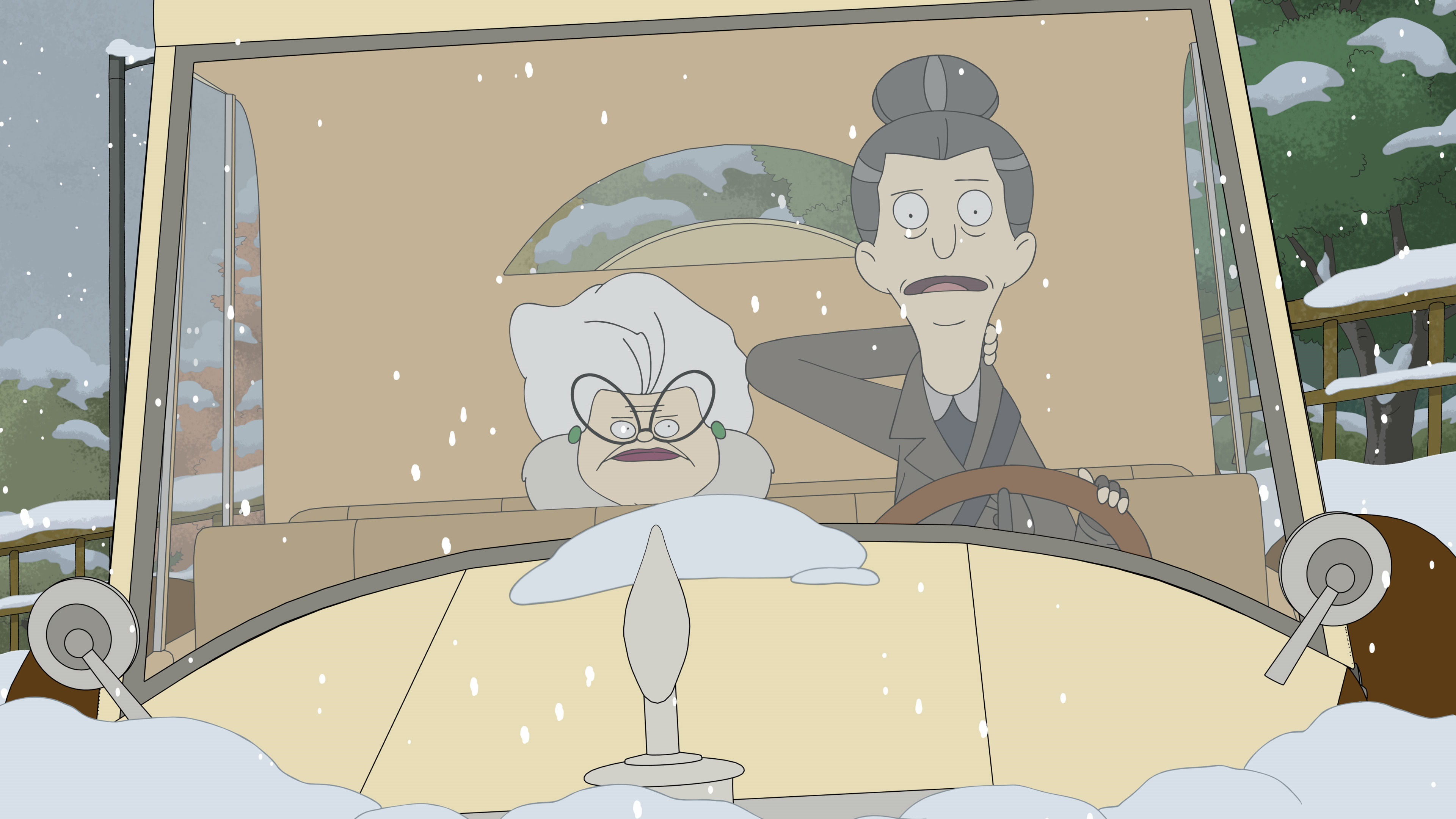 Bitsy and Helen from Central Park in a car during snowfall HD Wallpaper