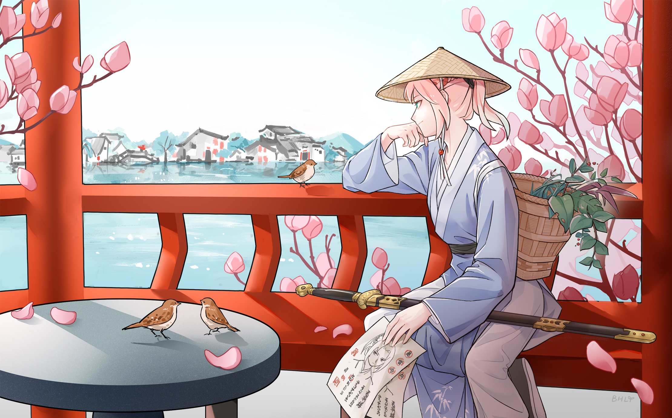 Sakura Haruno in traditional Japanese attire by a lake HD Wallpaper