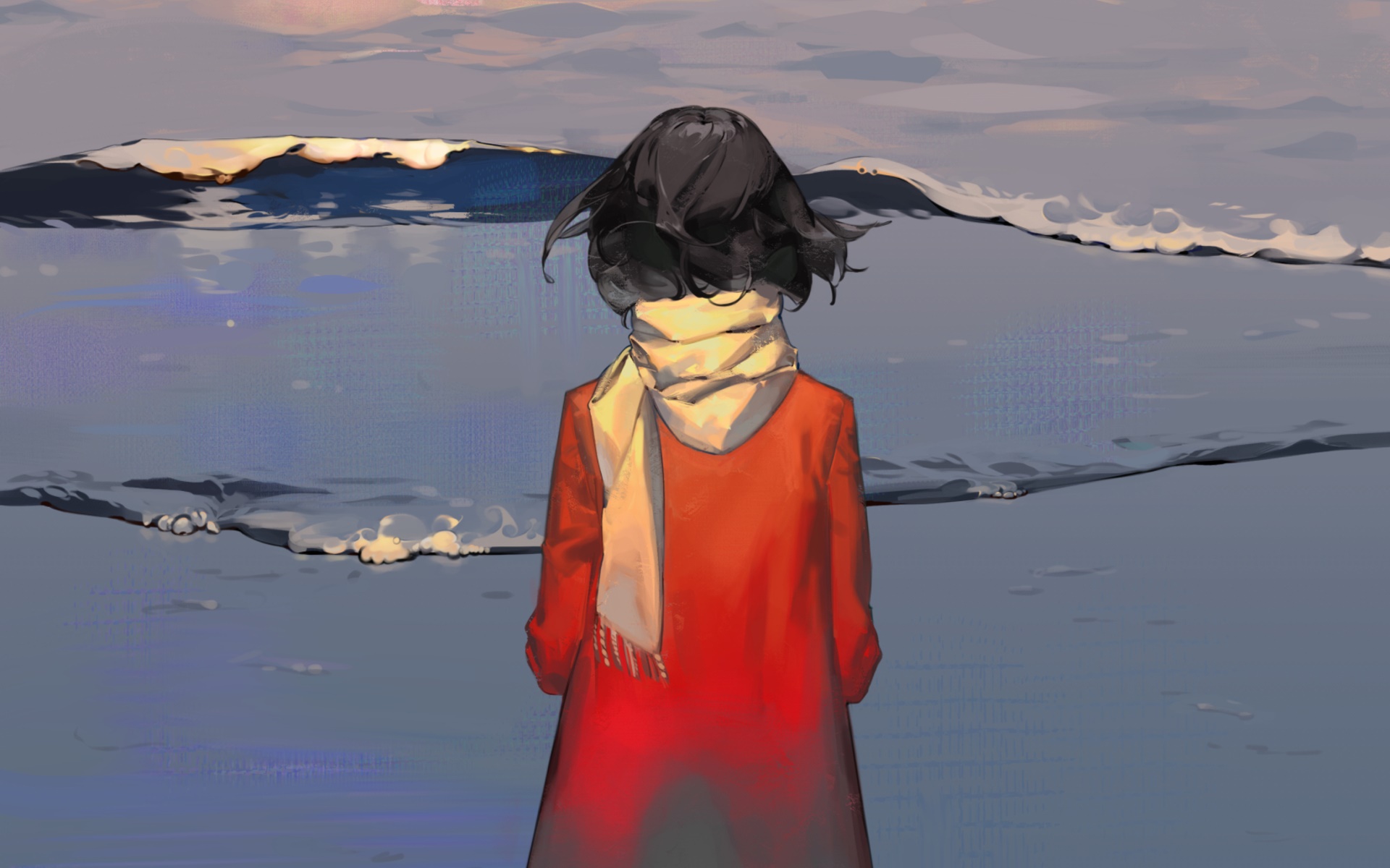 Girl in red coat by the sea HD Wallpaper