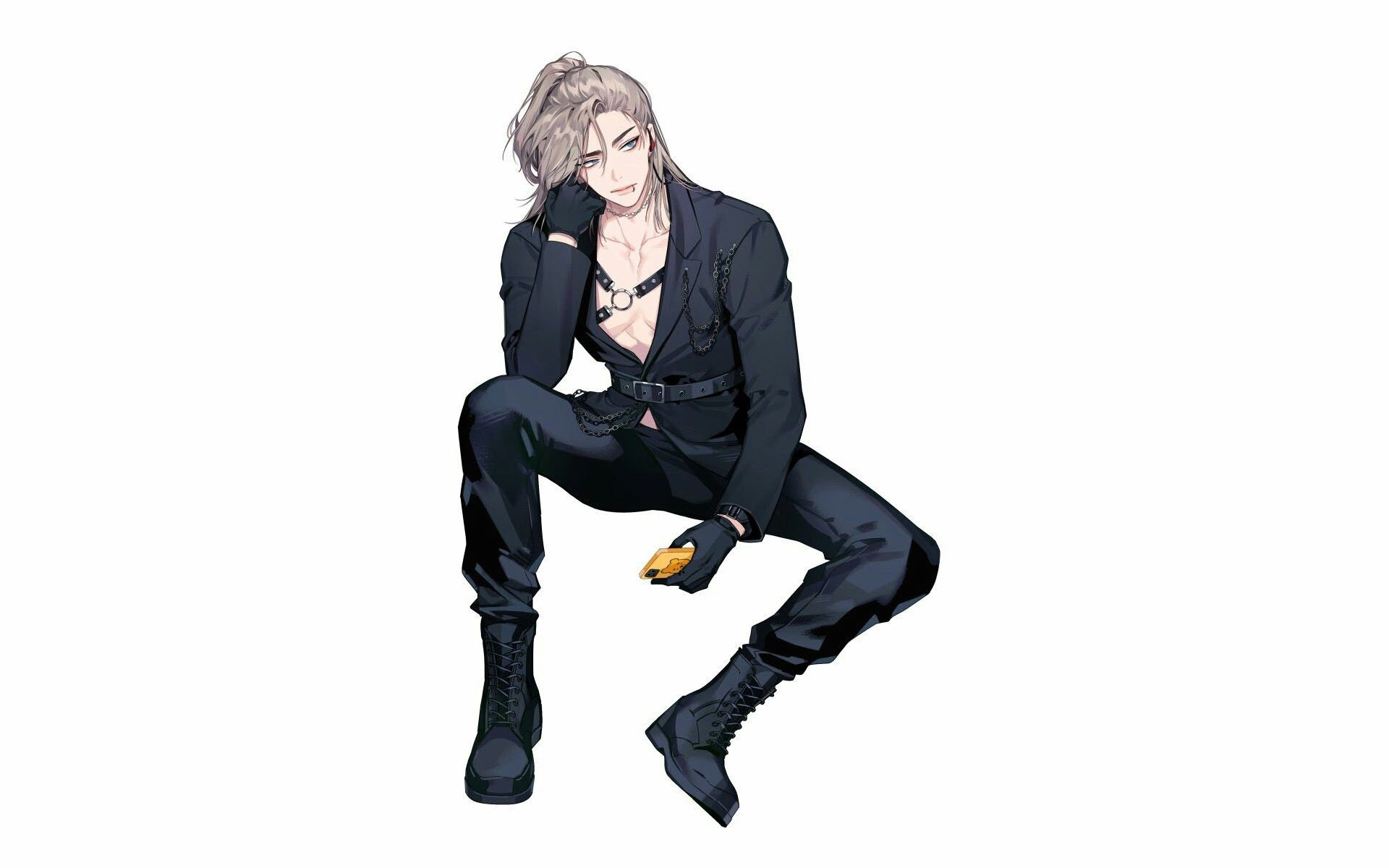 Anime boy in black suit with harness HD Wallpaper