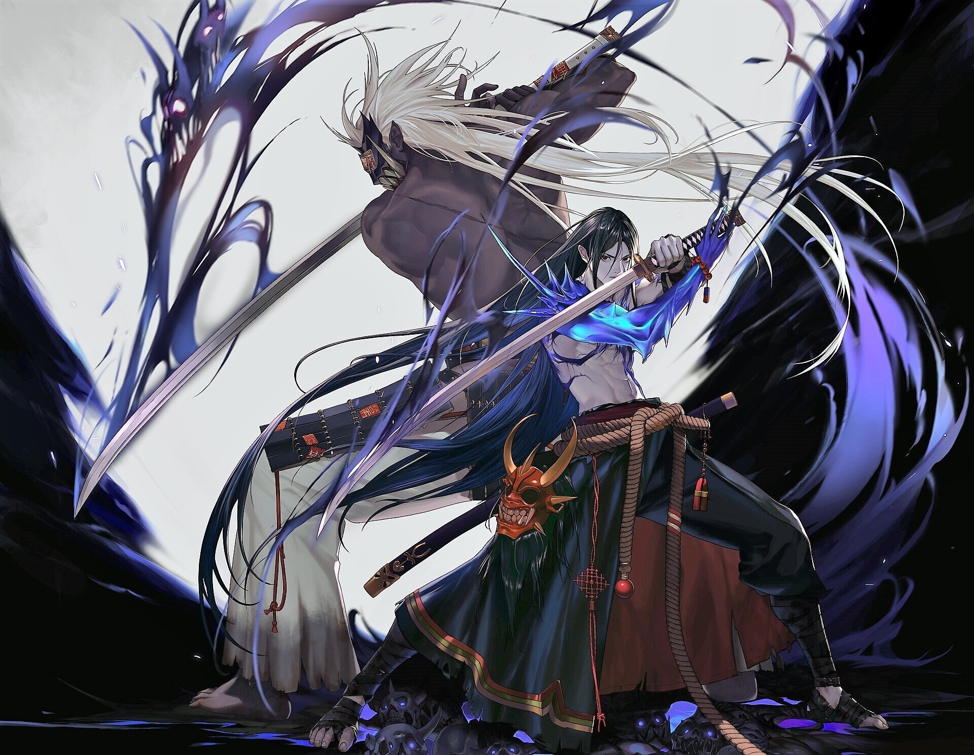 Two fantasy warriors with swords and dark energy HD Wallpaper