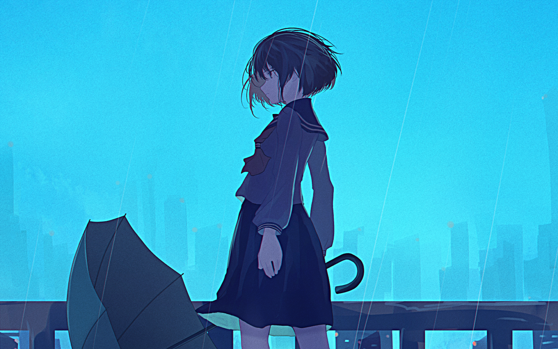 Girl in school uniform with umbrella in the rain HD Wallpaper