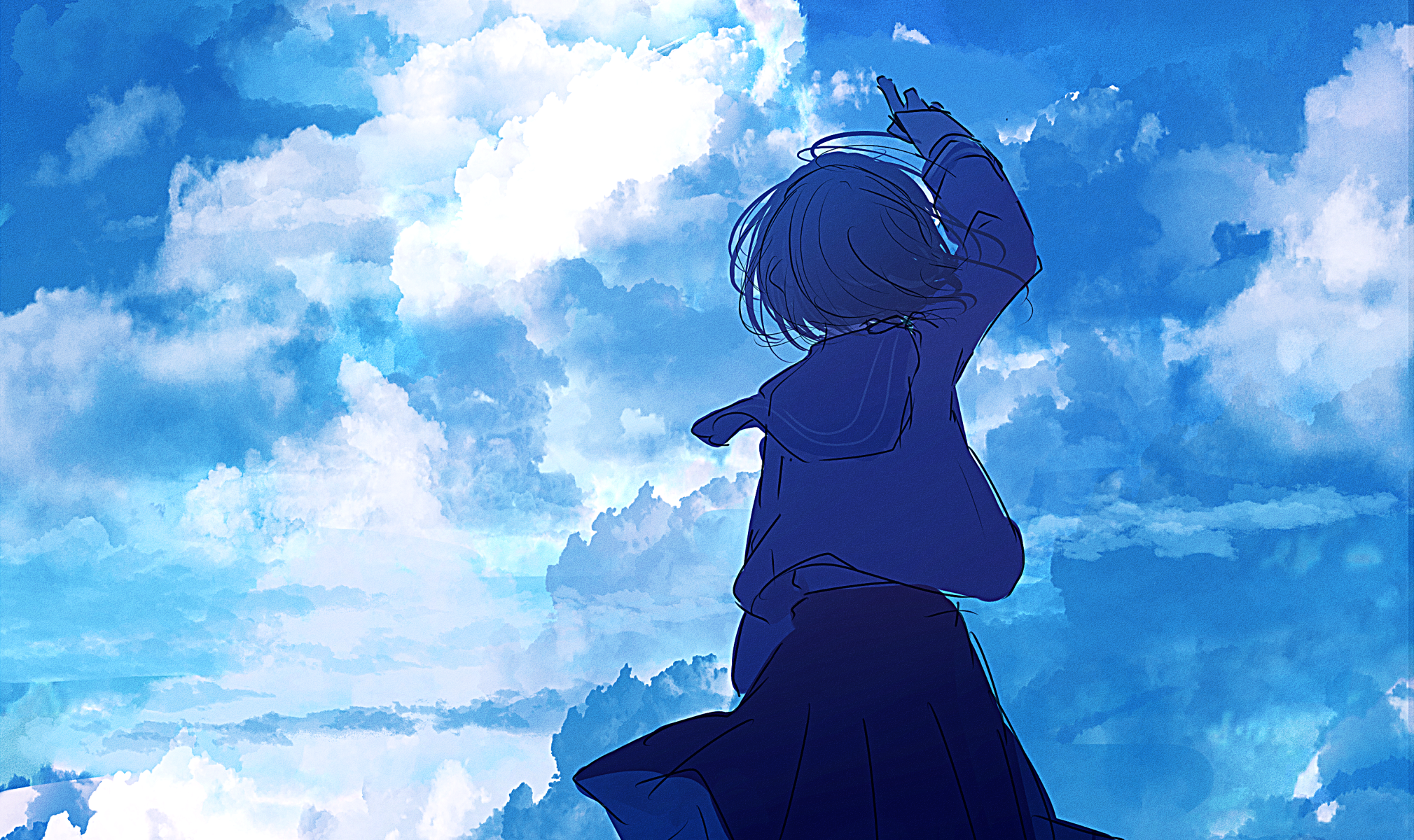 Girl in a blue outfit against a cloudy sky HD Wallpaper