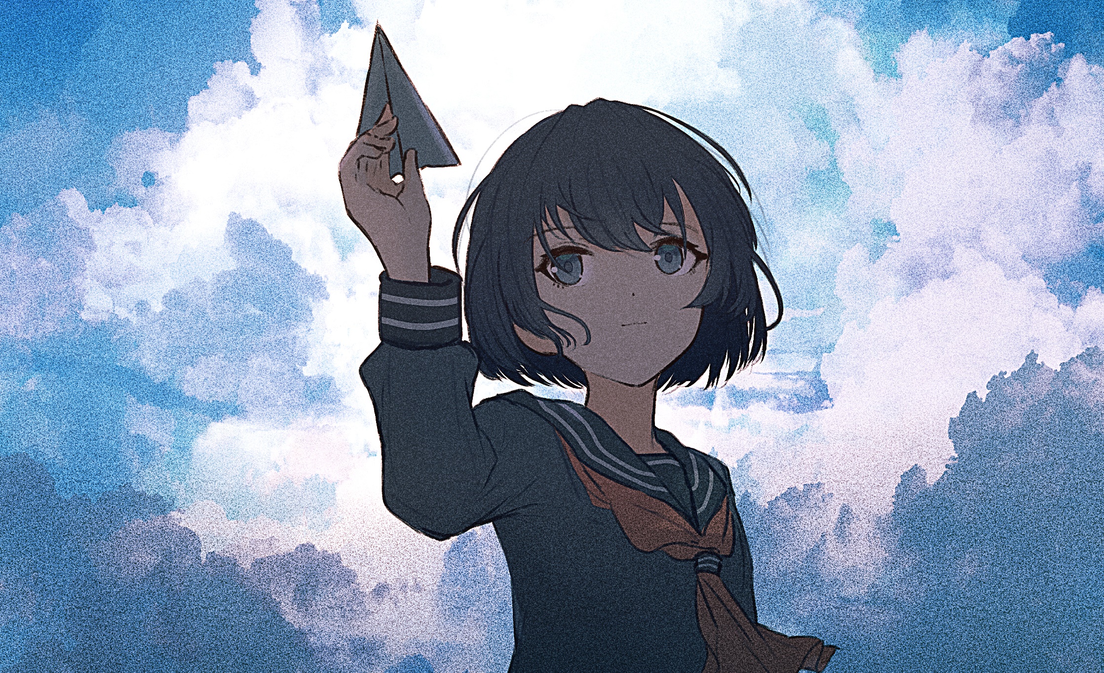 Girl holding a paper airplane against a cloudy sky HD Wallpaper