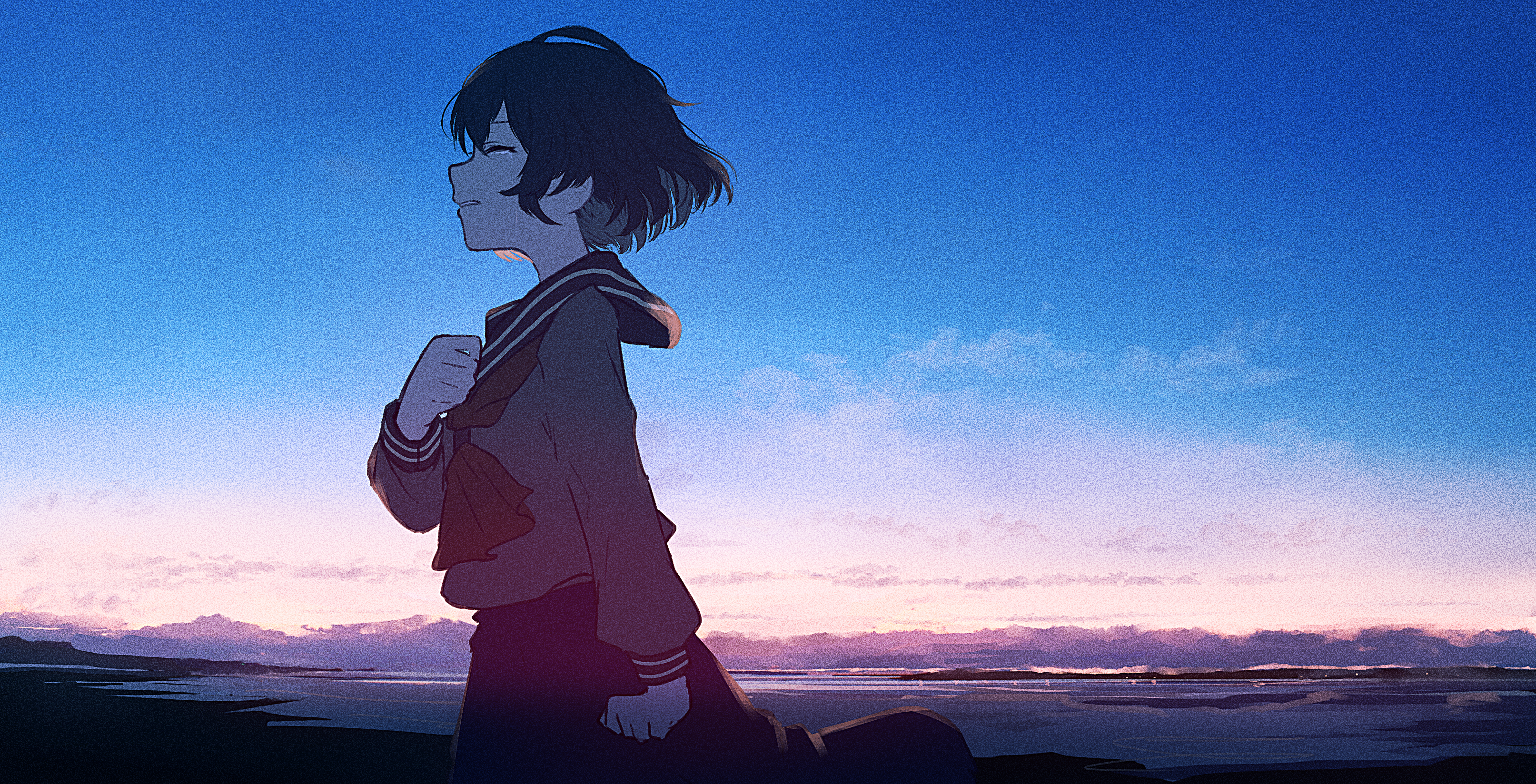 Girl in school uniform by the sea at sunset HD Wallpaper