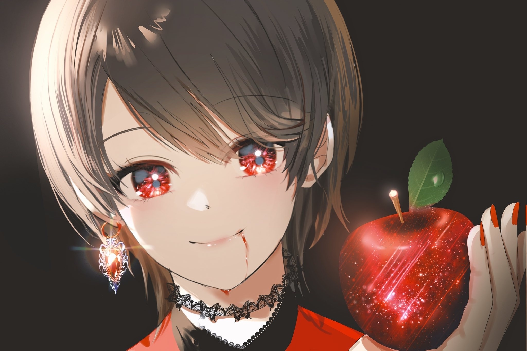 Anime girl with red eyes holding a red apple HD Wallpaper
