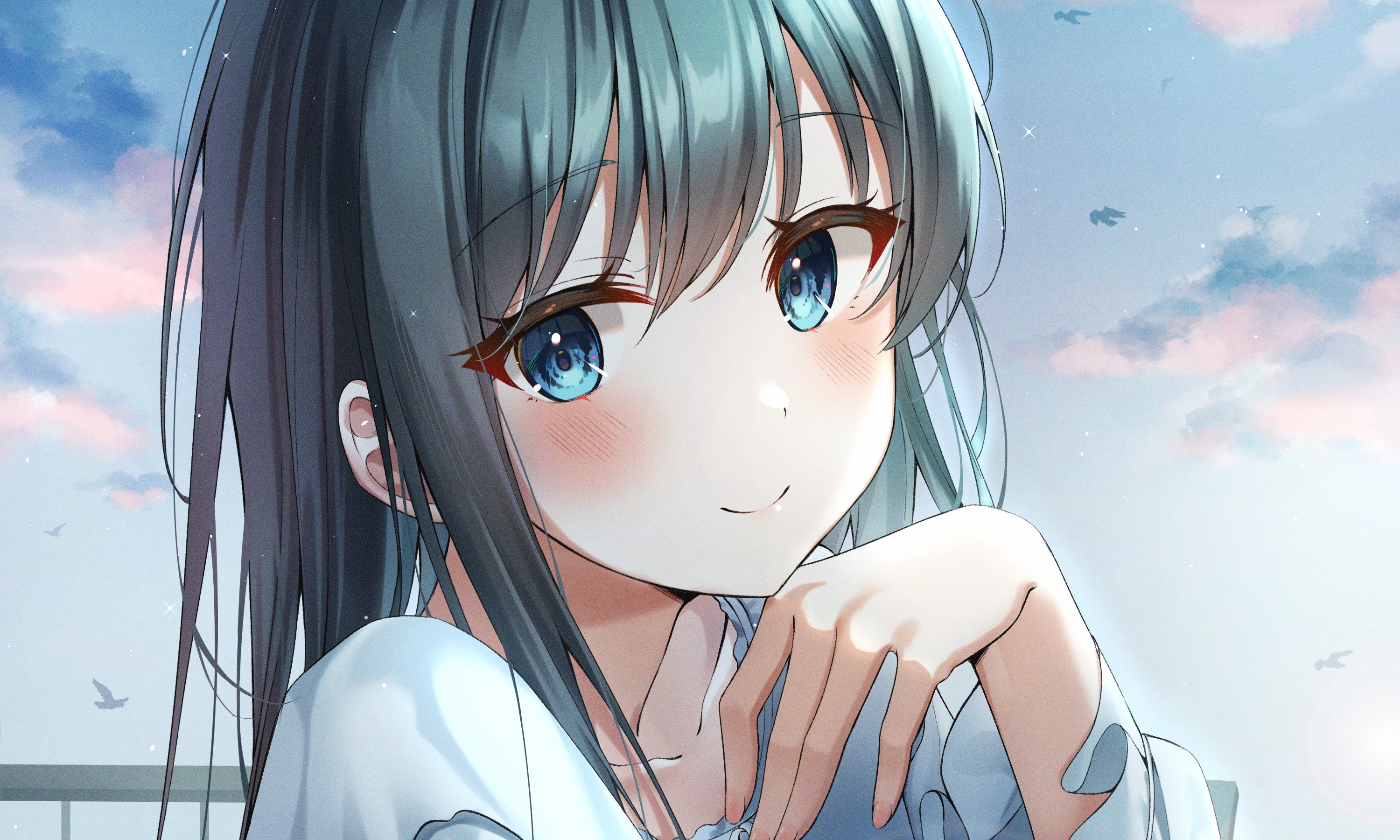 Anime girl with blue eyes and dark hair HD Wallpaper
