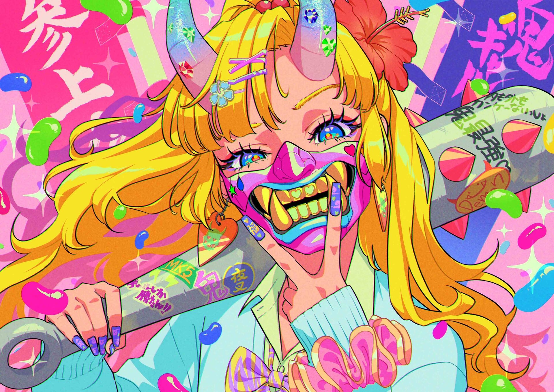 Girl with Oni mask and baseball bat HD Wallpaper