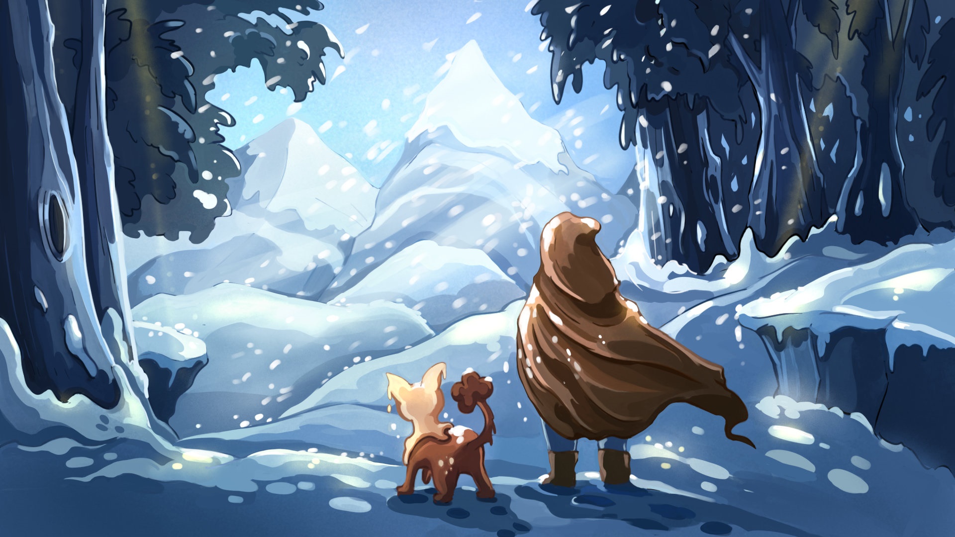 Person and dog in snowy mountains HD Wallpaper