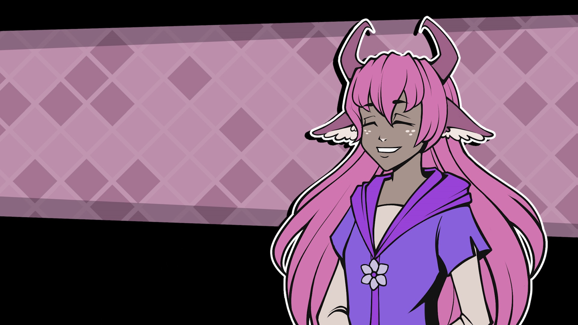 Anime girl with pink hair and horns smiling HD Wallpaper