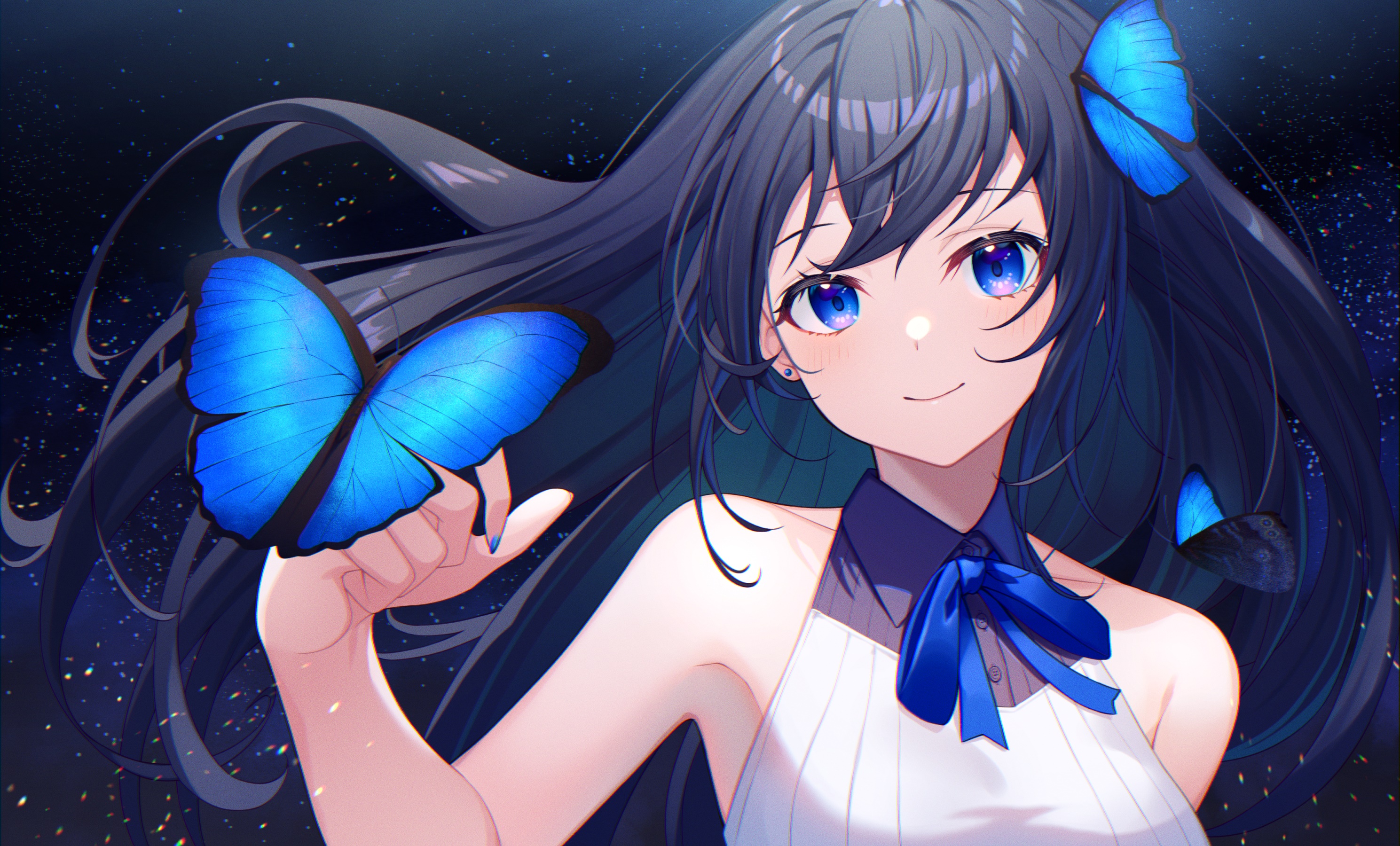 Anime girl with blue butterflies HD Wallpaper