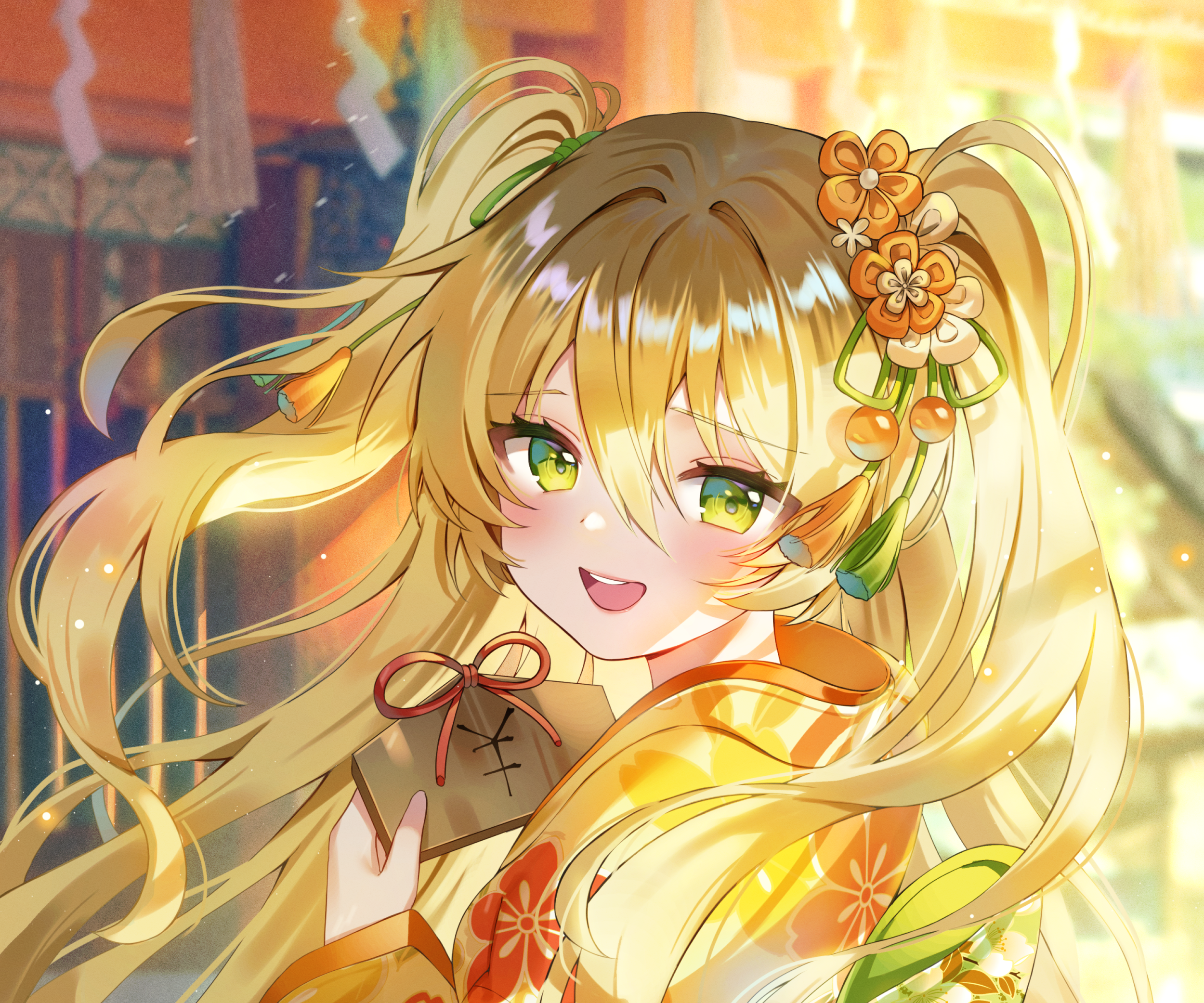 Anime girl in kimono holding a gift HD Wallpaper