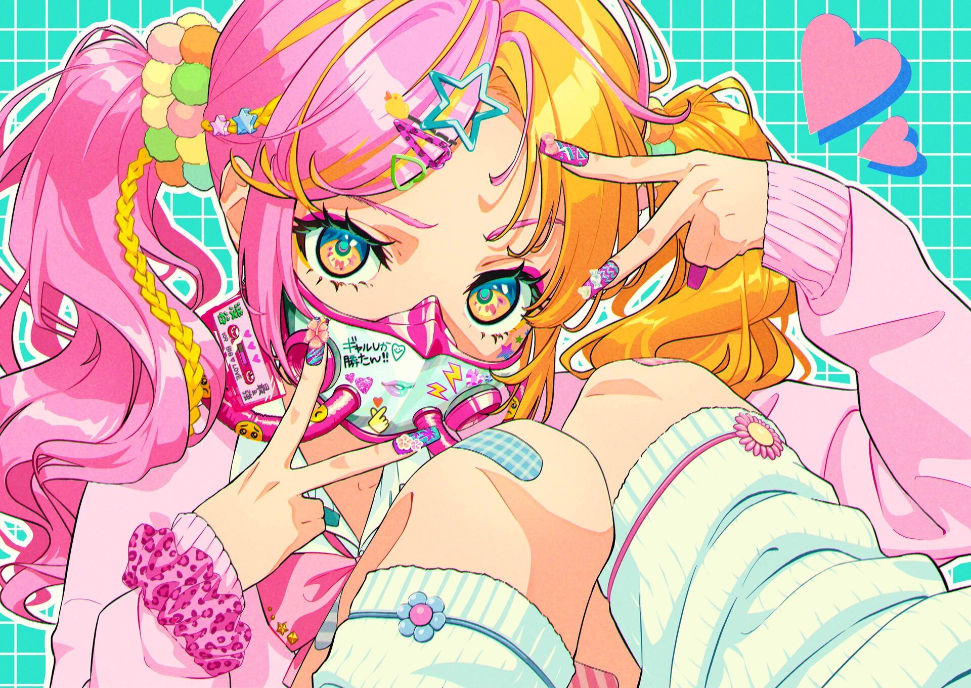 Anime girl with pink and yellow hair wearing a mask HD Wallpaper