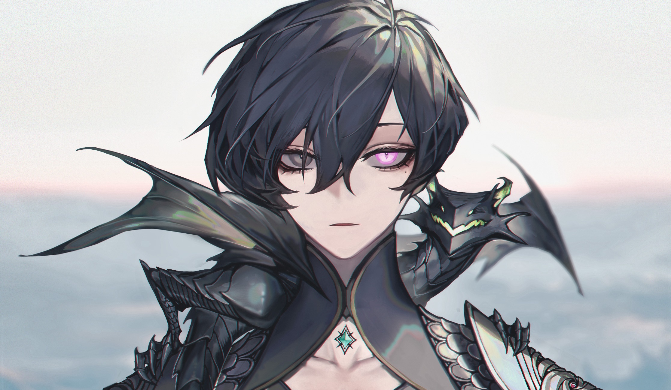 Anime girl with dragon armor and glowing eyes HD Wallpaper
