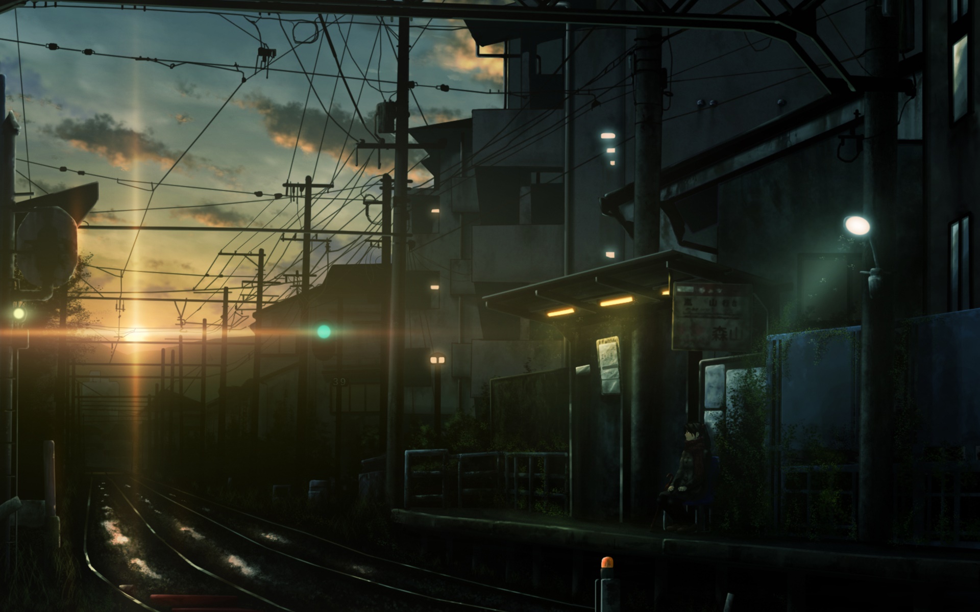 Train station at sunset with overhead wires HD Wallpaper
