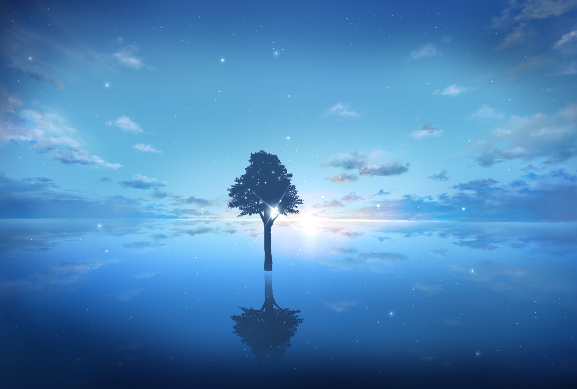 Tree reflected in water under starry sky HD Wallpaper