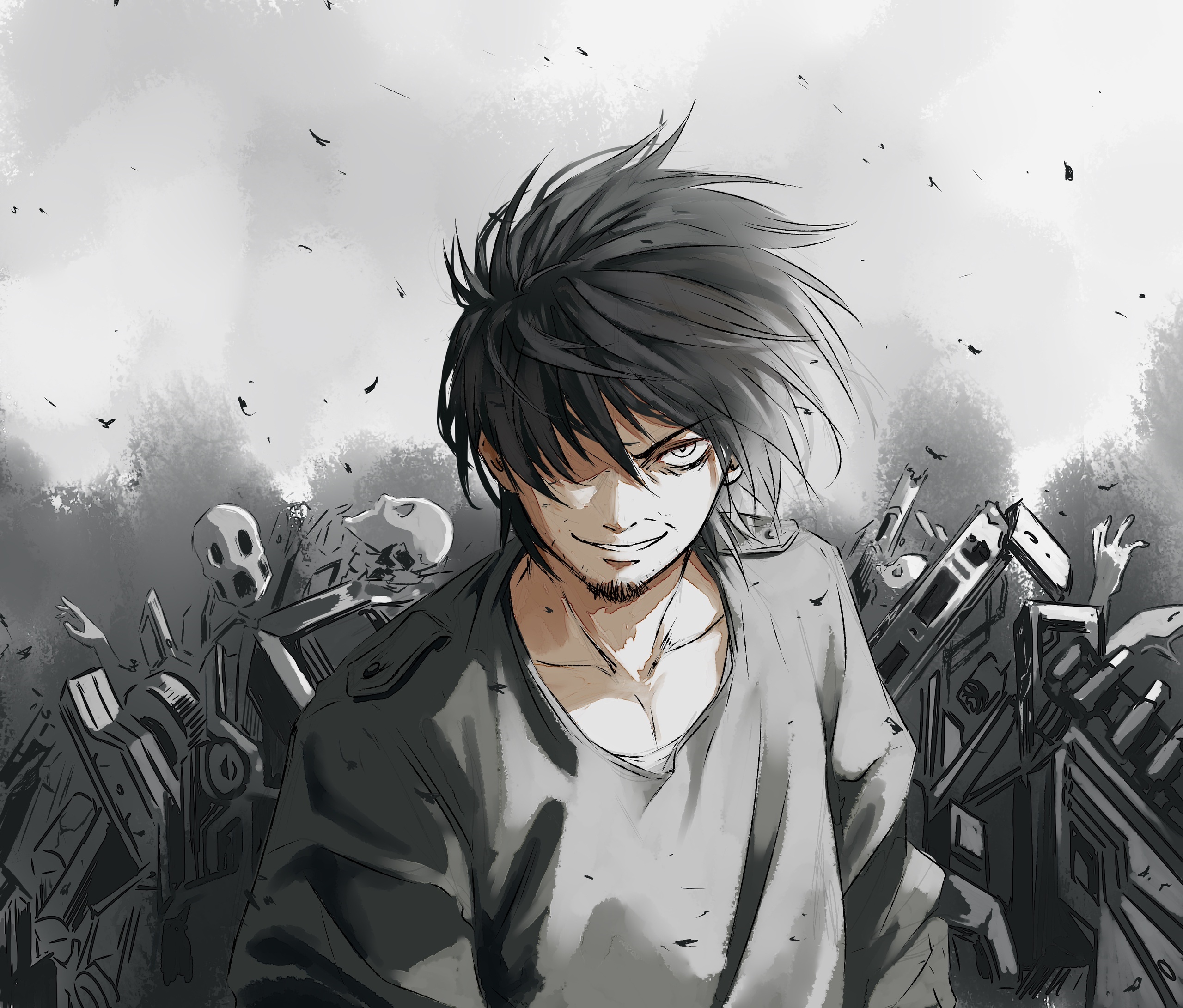 Man with spiky hair and a smirk in a post-apocalyptic setting HD Wallpaper