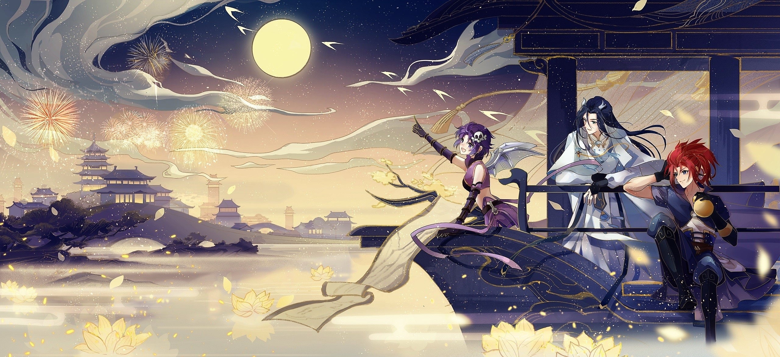 Four anime characters celebrate fireworks over a traditional Chinese city HD Wallpaper