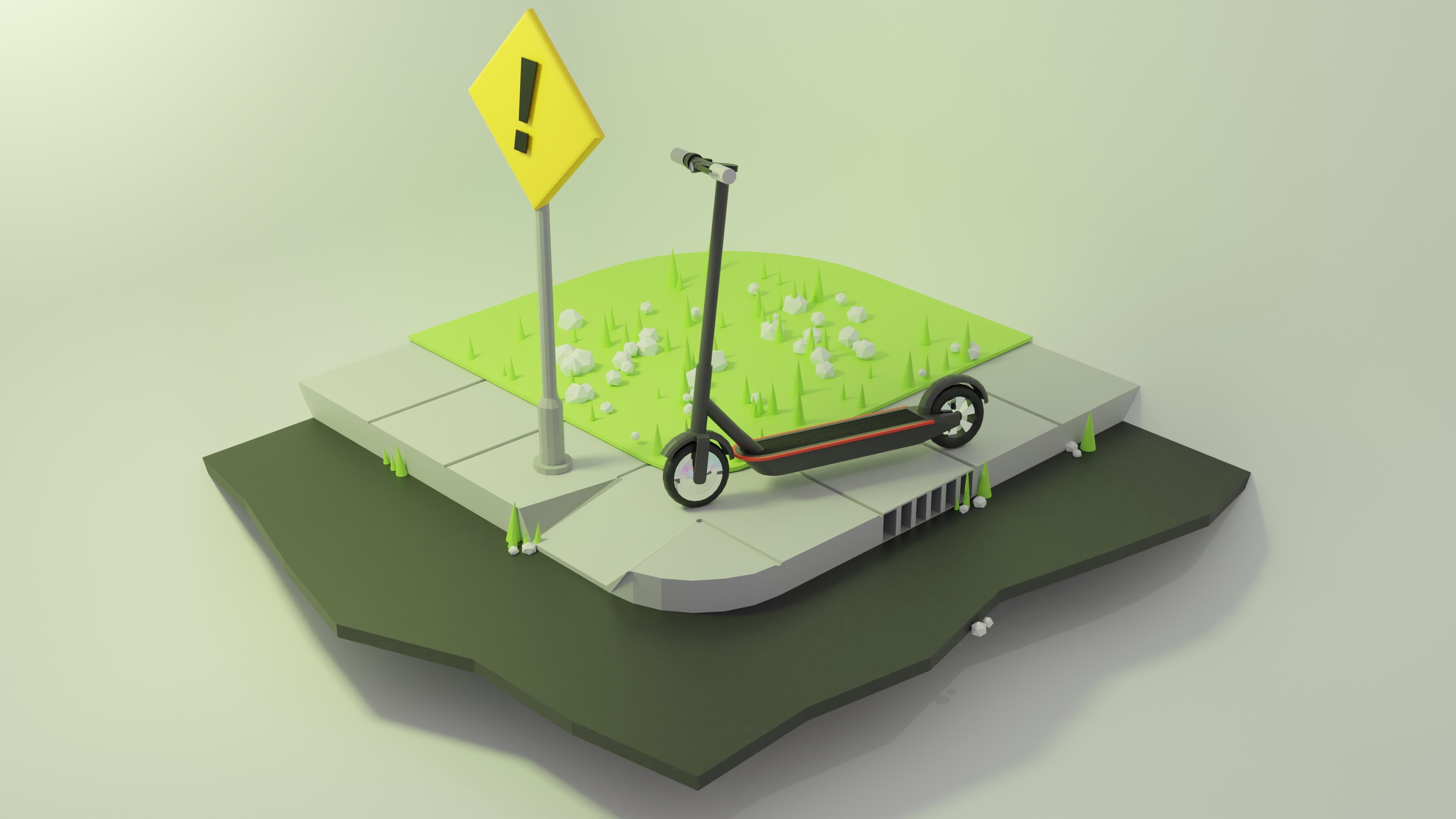 3D Art of a Scooter and Warning Sign HD Wallpaper