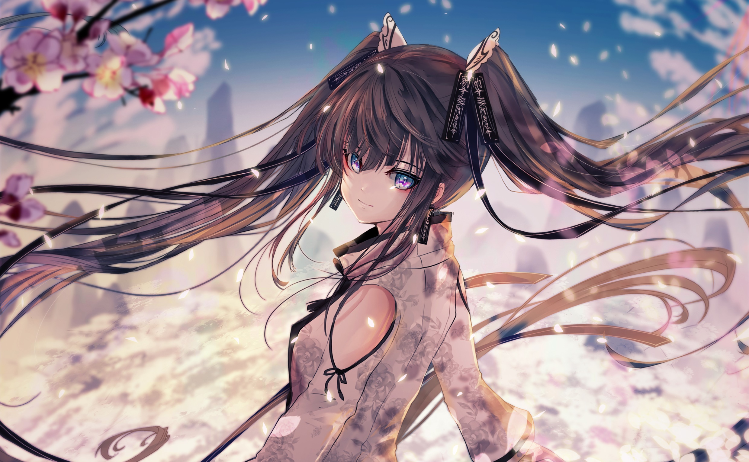 Anime girl with pigtails and cherry blossoms HD Wallpaper