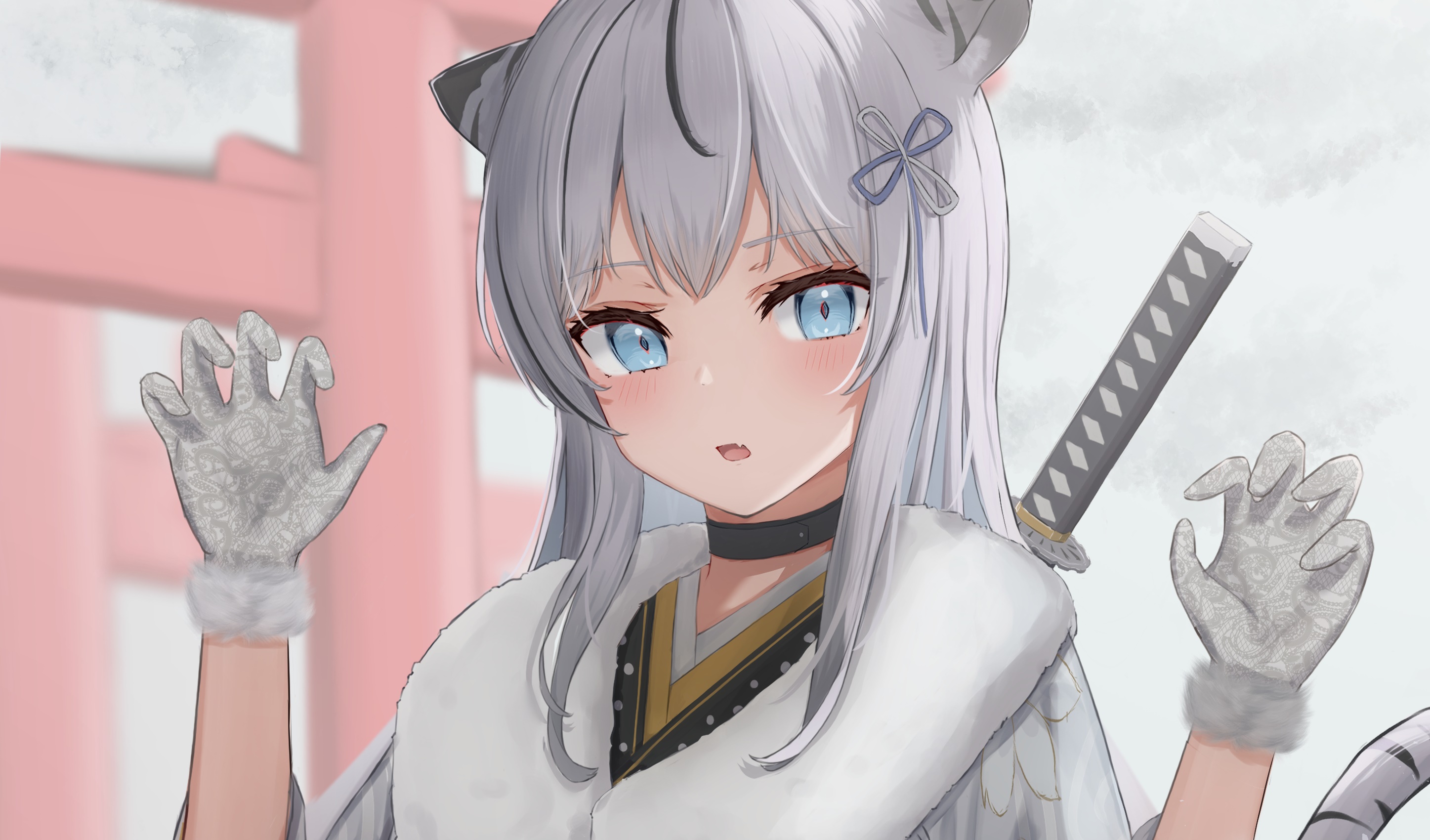 Anime girl with tiger ears and sword HD Wallpaper