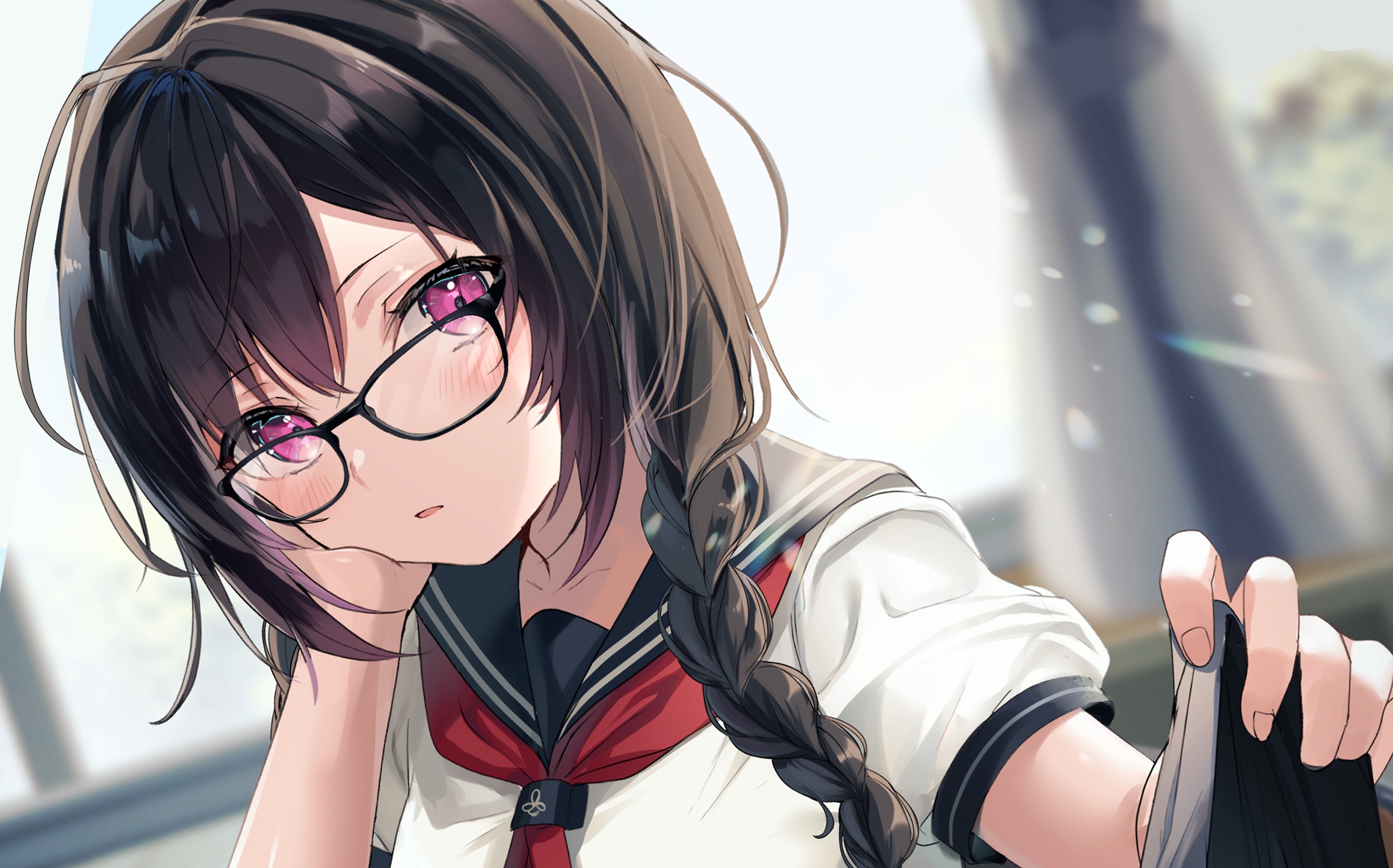 Anime girl with glasses and braid HD Wallpaper