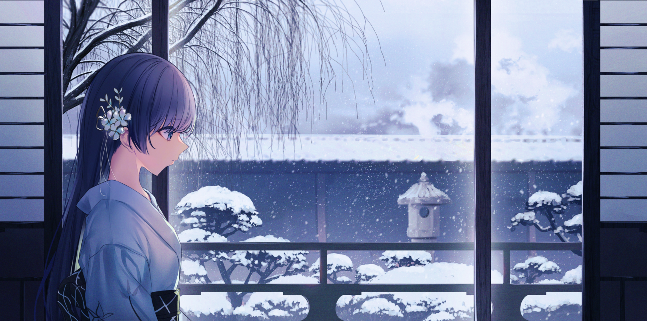 Girl in Kimono Looking at Snowy Garden HD Wallpaper