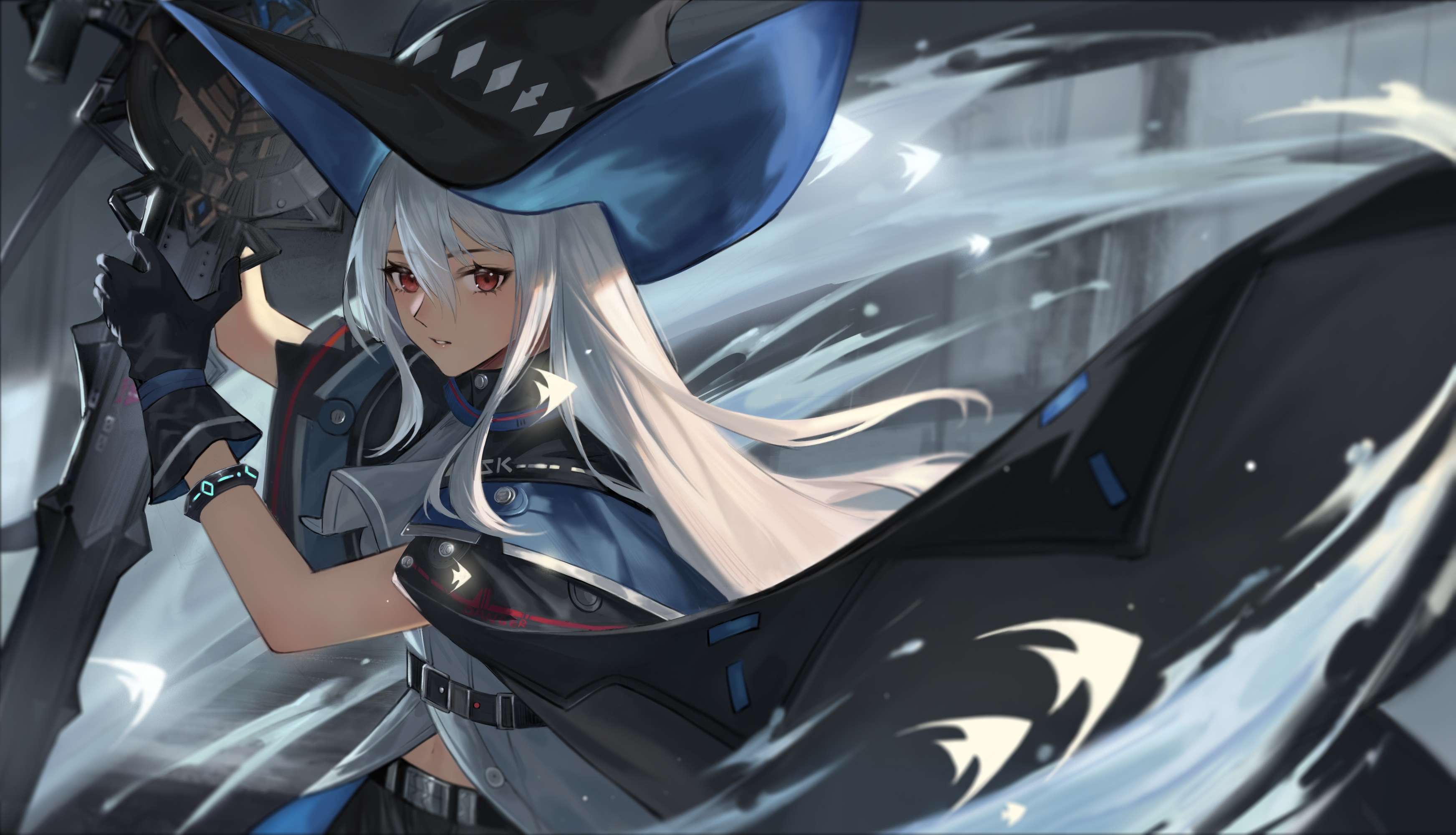 Skadi from Arknights with a large hat and weapon HD Wallpaper