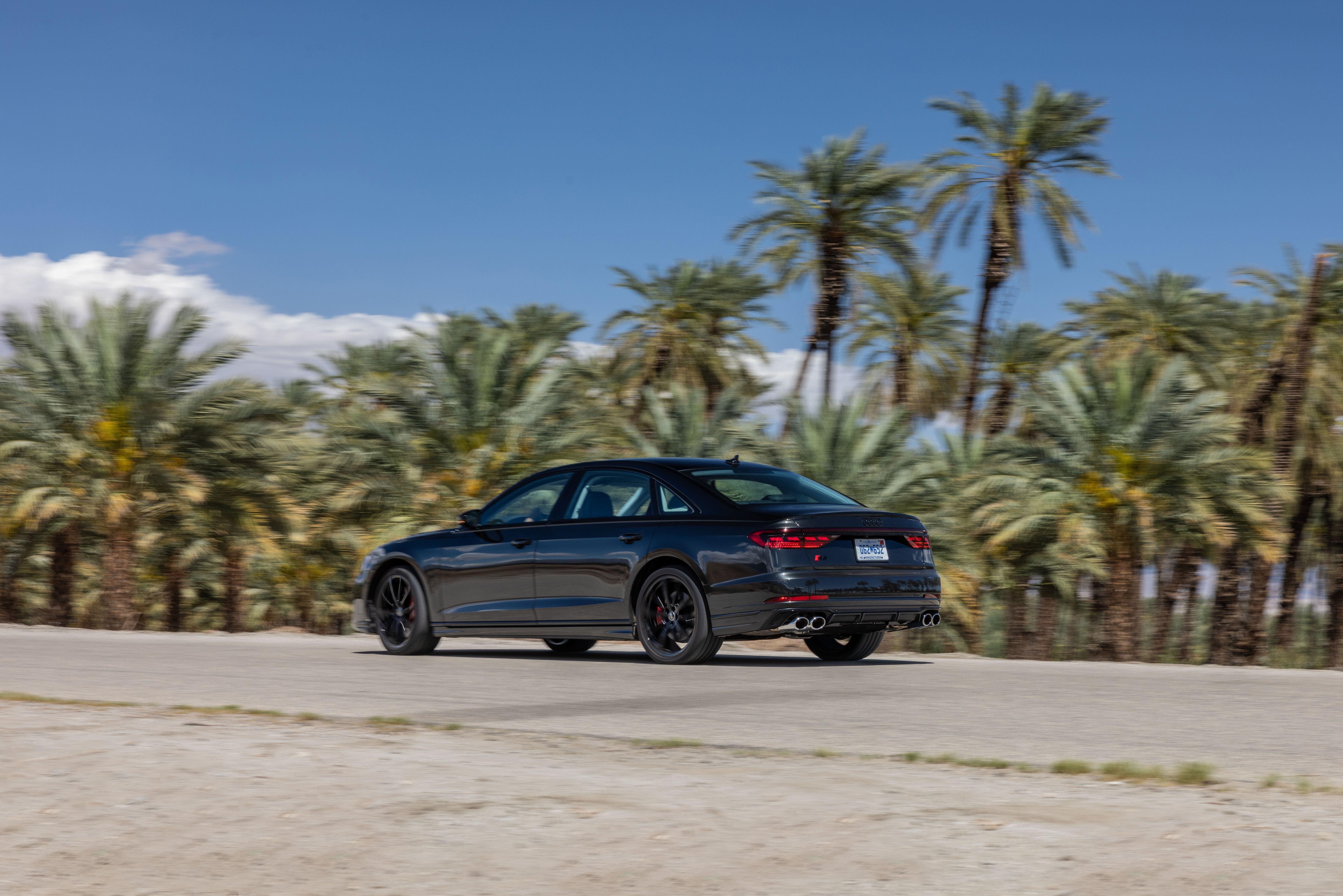 Black Audi S8 driving on a road with palm trees HD Wallpaper