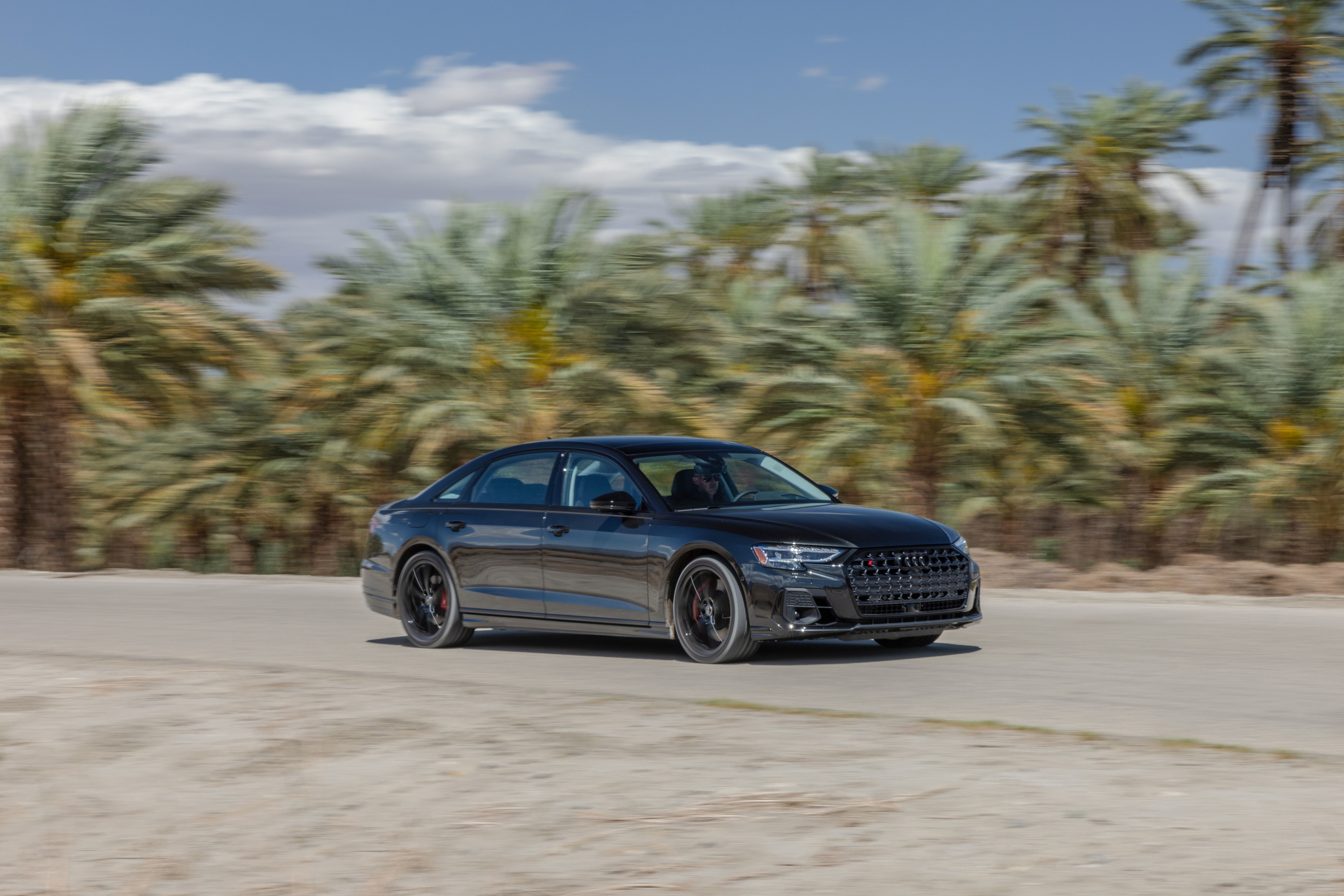Audi S8 driving on a road with palm trees HD Wallpaper