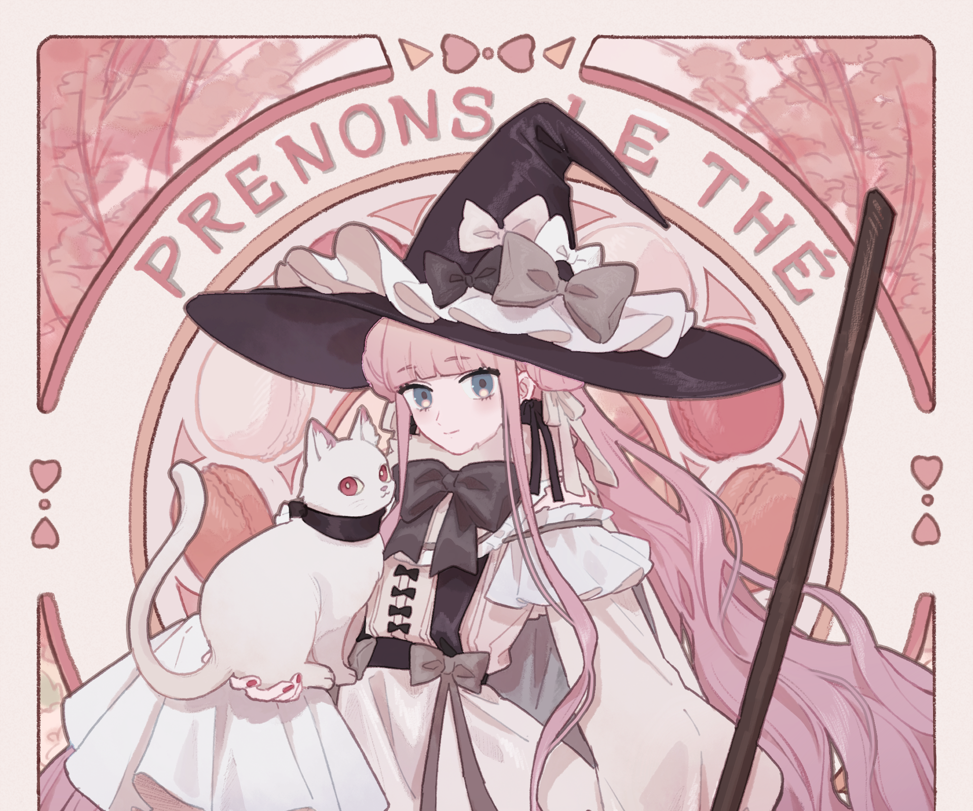 Witch with pink hair and white cat HD Wallpaper