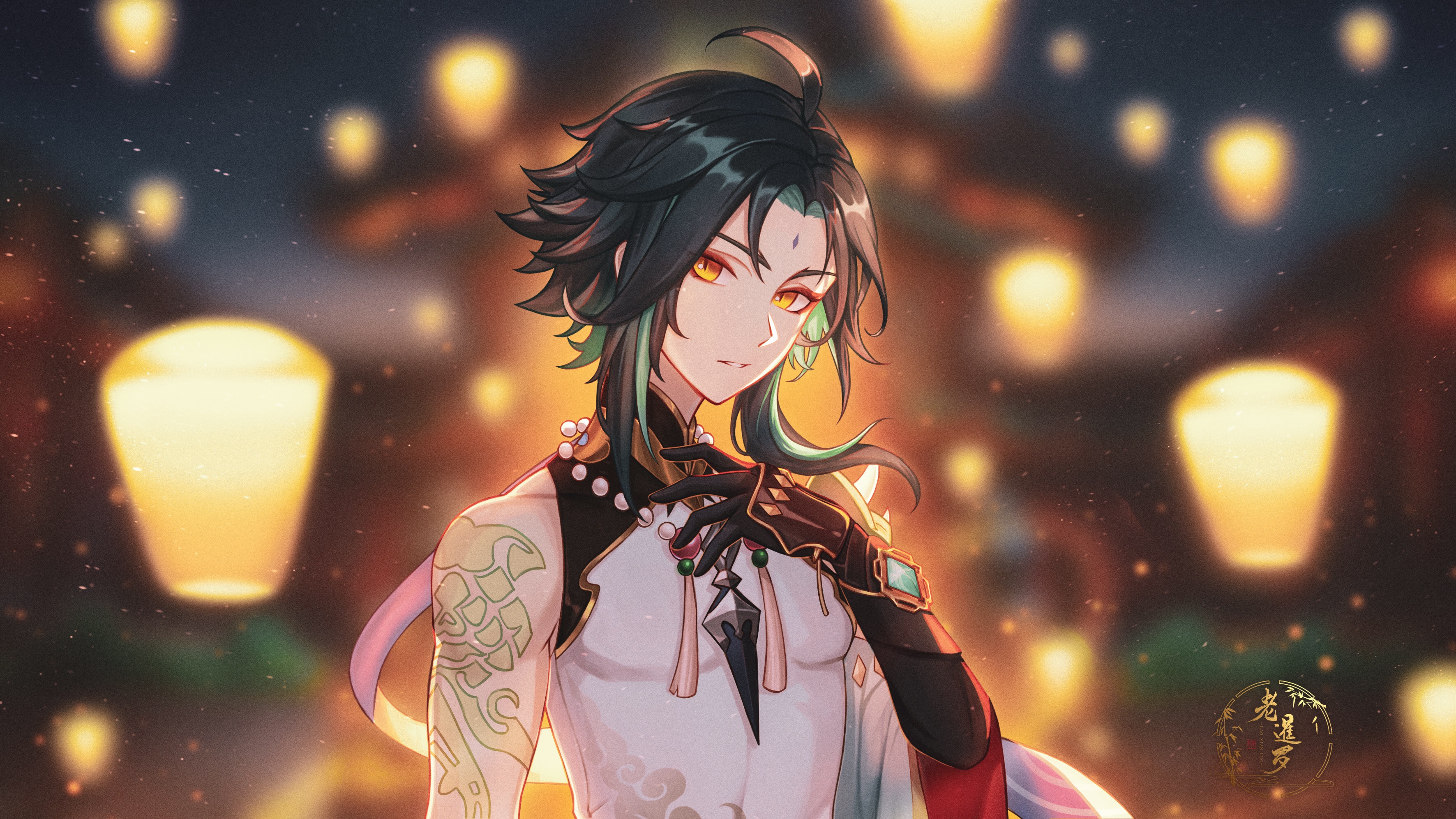 Xiao from Genshin Impact with lanterns HD Wallpaper