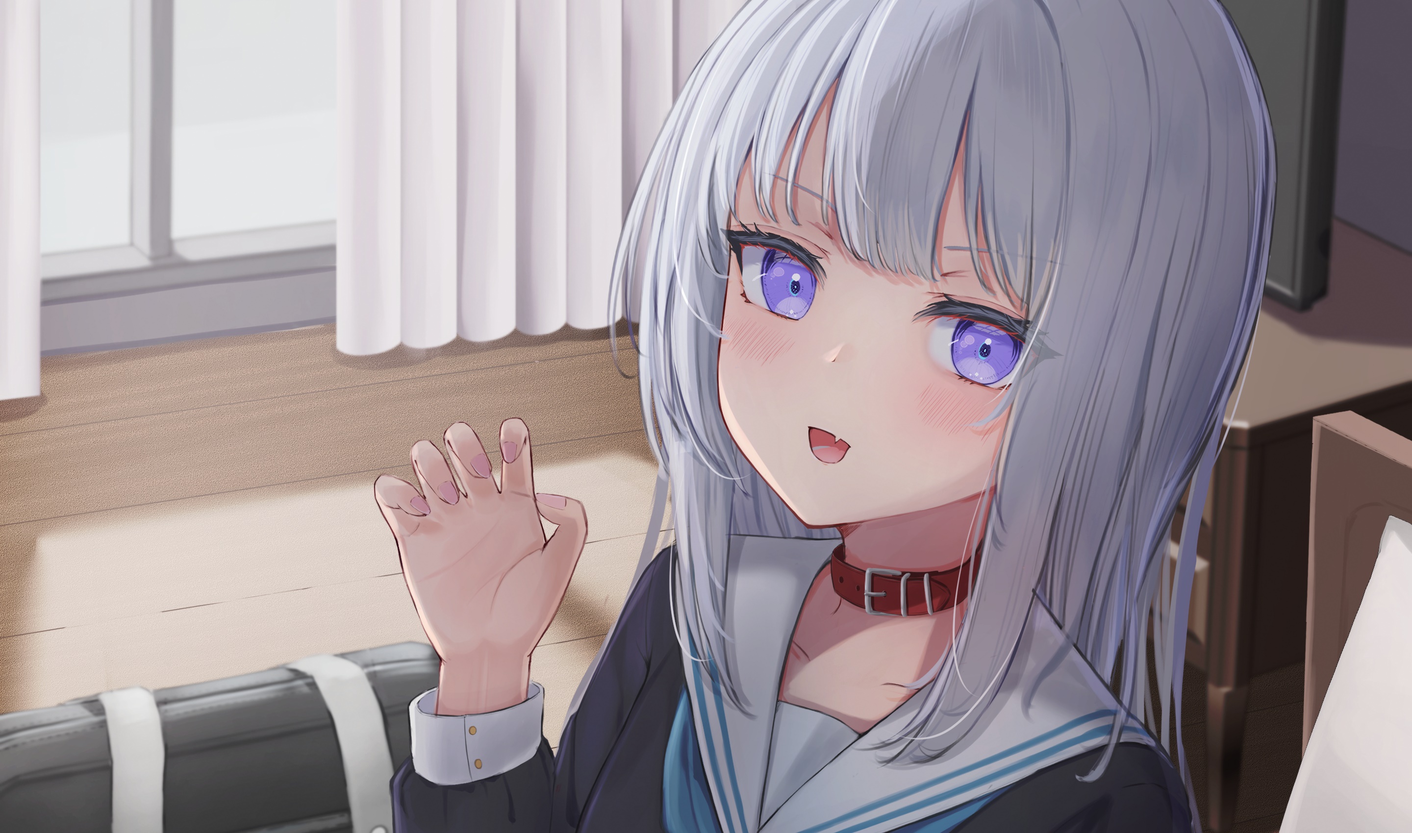 Girl with silver hair and purple eyes waving HD Wallpaper