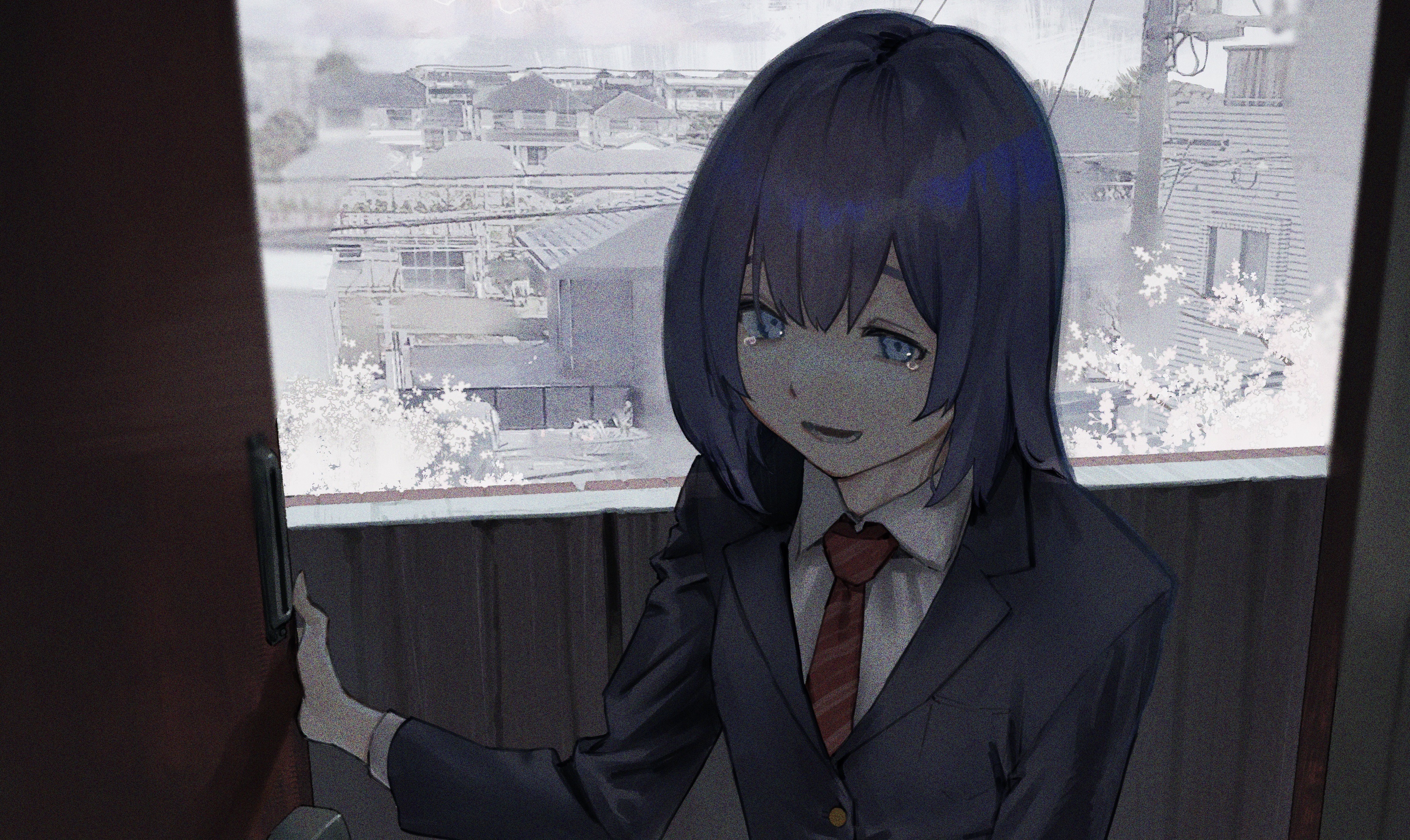 Girl in school uniform looking out window HD Wallpaper