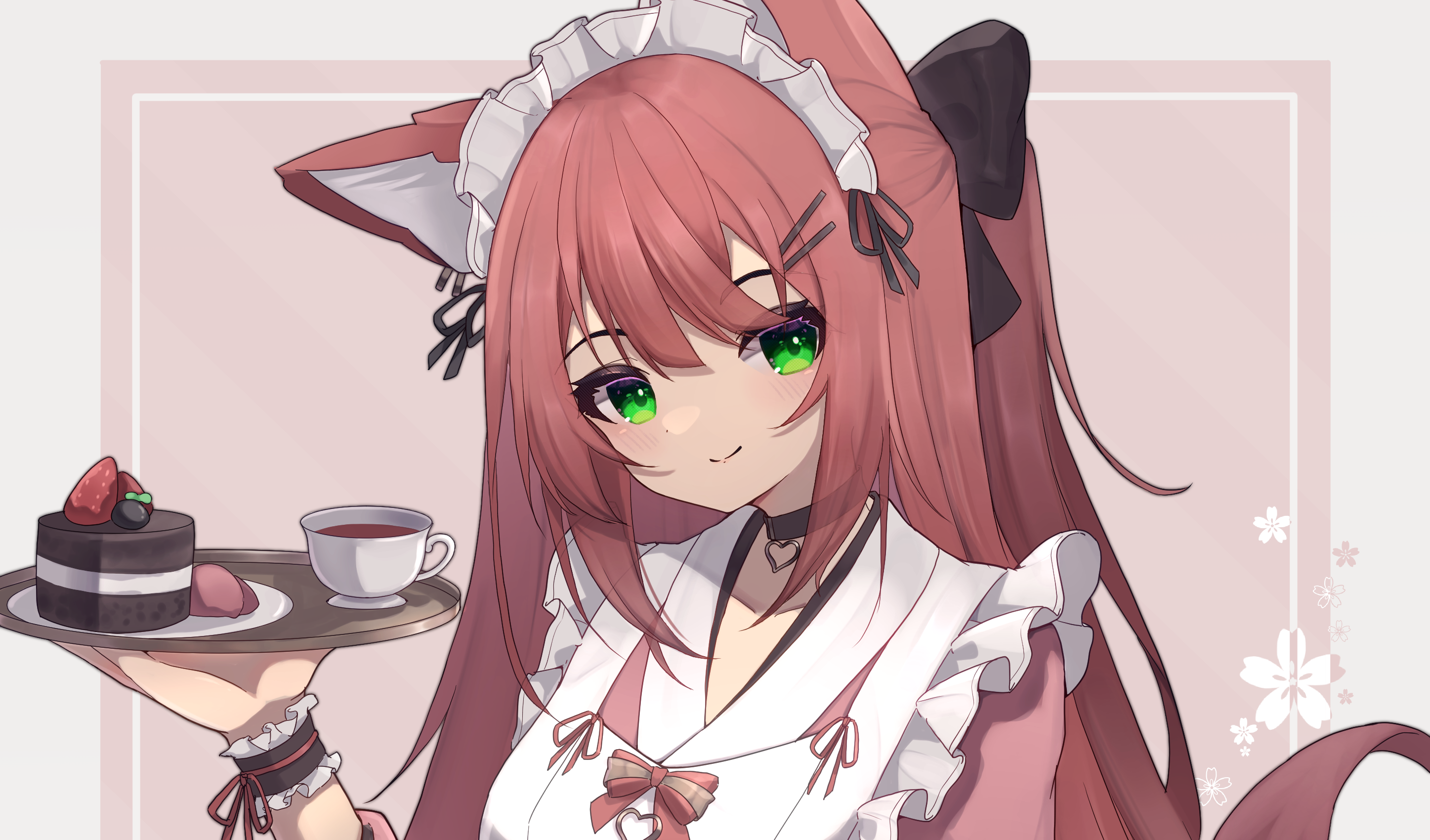 Anime girl in maid outfit with cake and tea HD Wallpaper