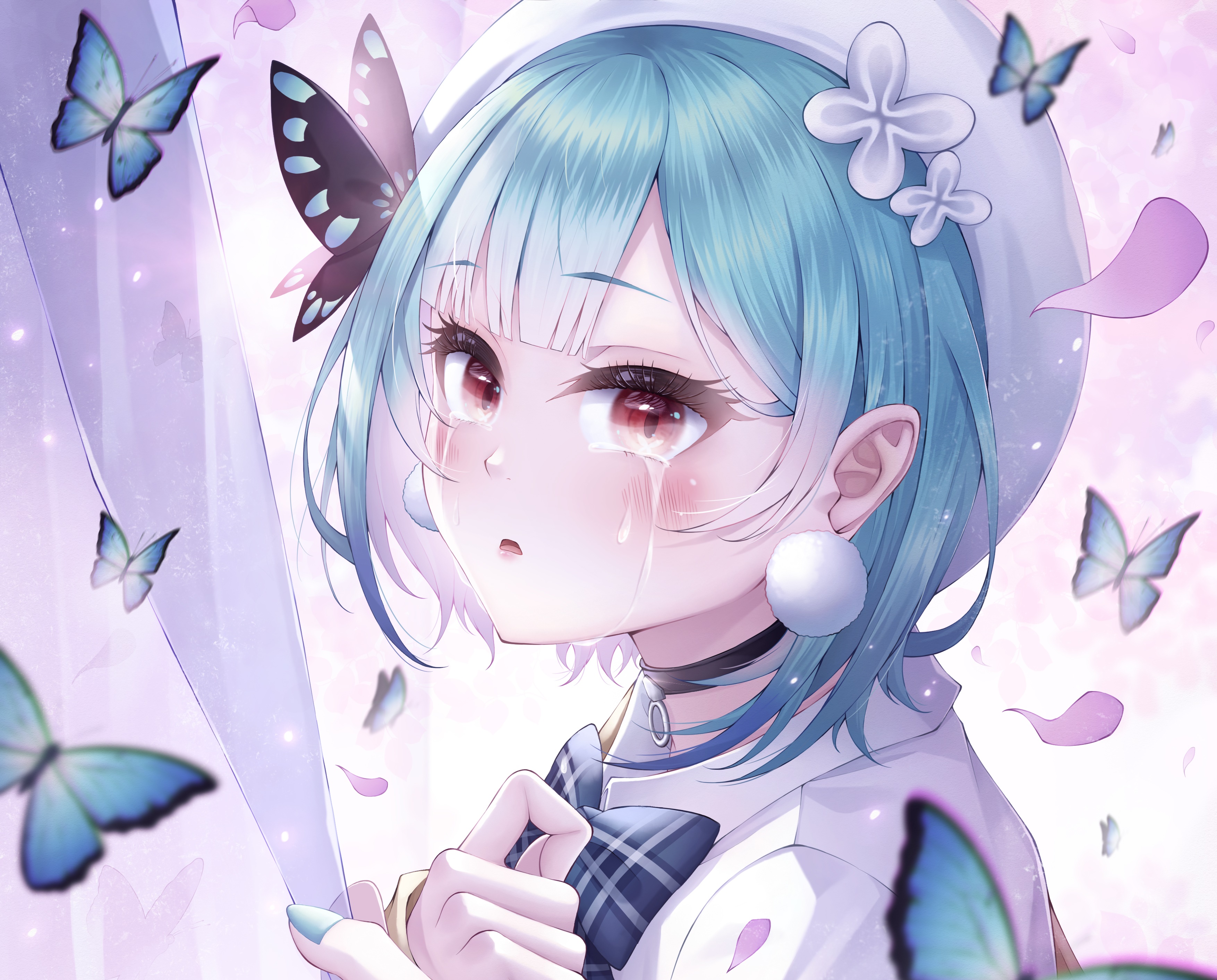 Uruha Rushia from Hololive crying with butterflies HD Wallpaper