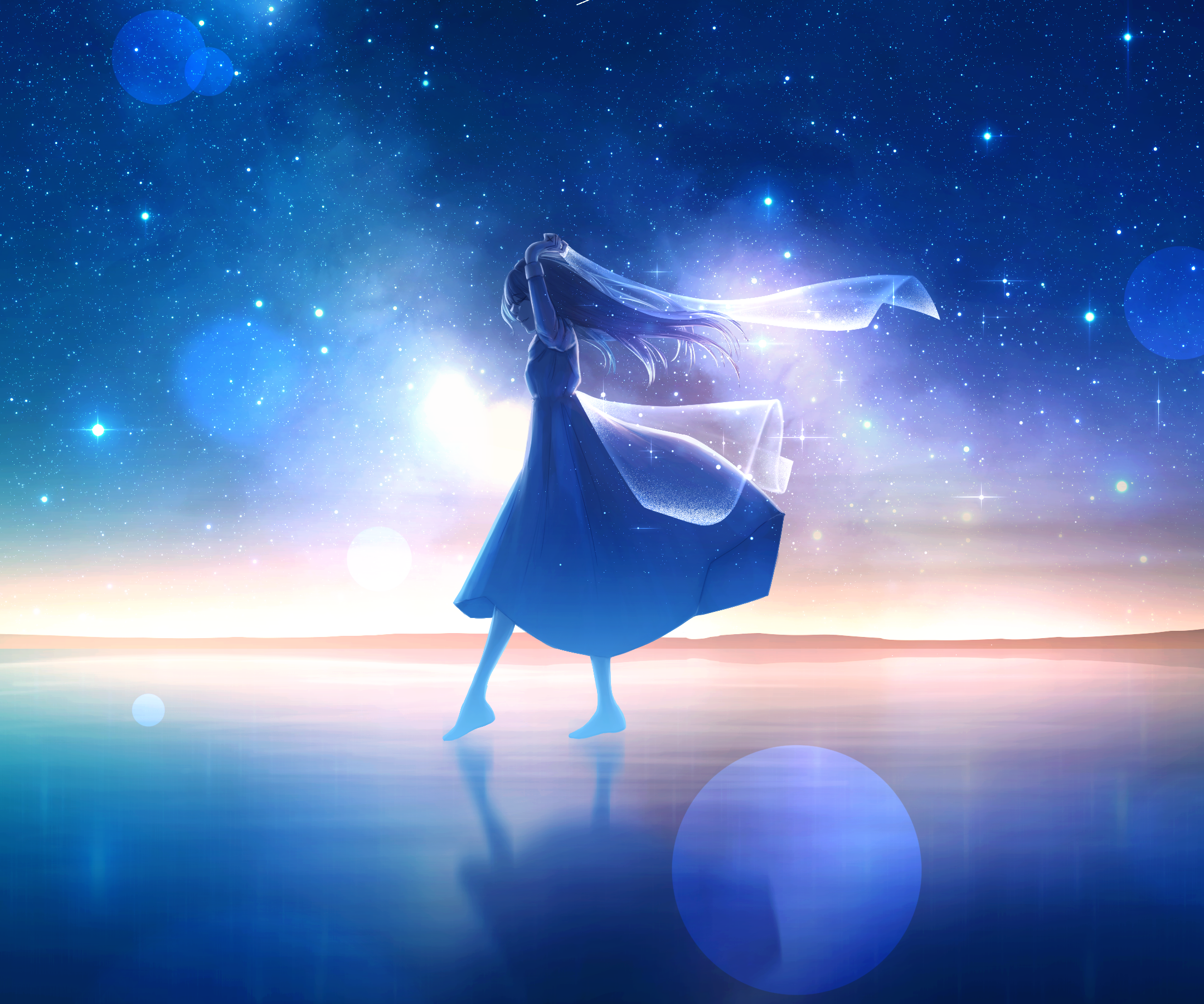 Girl in blue dress under starry sky HD Wallpaper