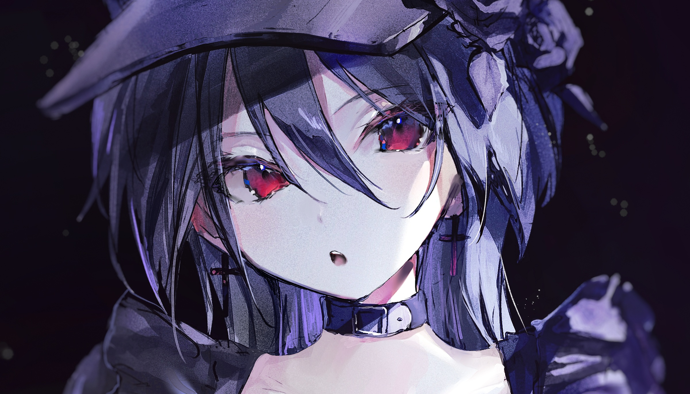 Anime girl with red eyes and black hat HD Wallpaper