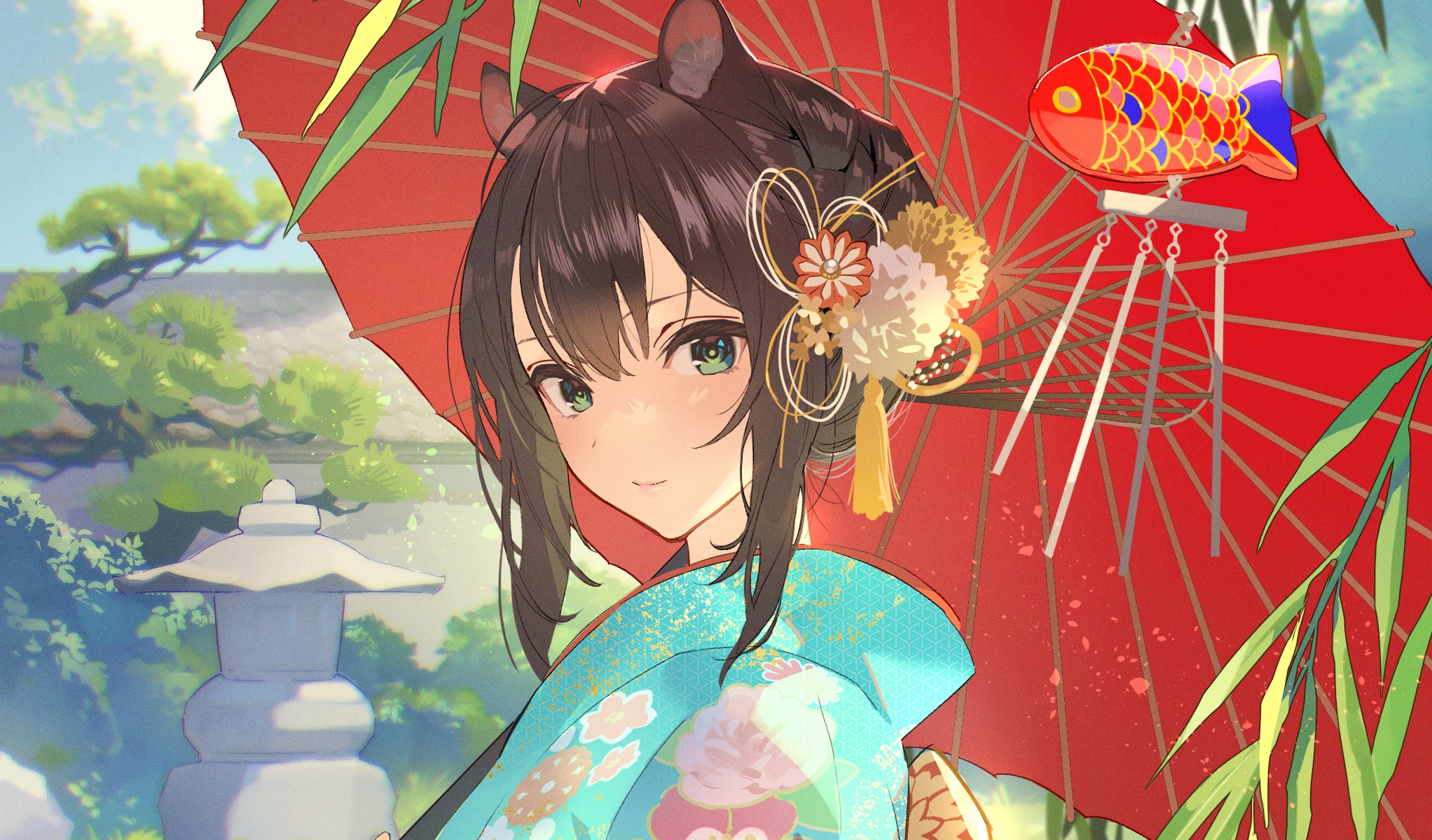 Anime girl in kimono with red umbrella HD Wallpaper