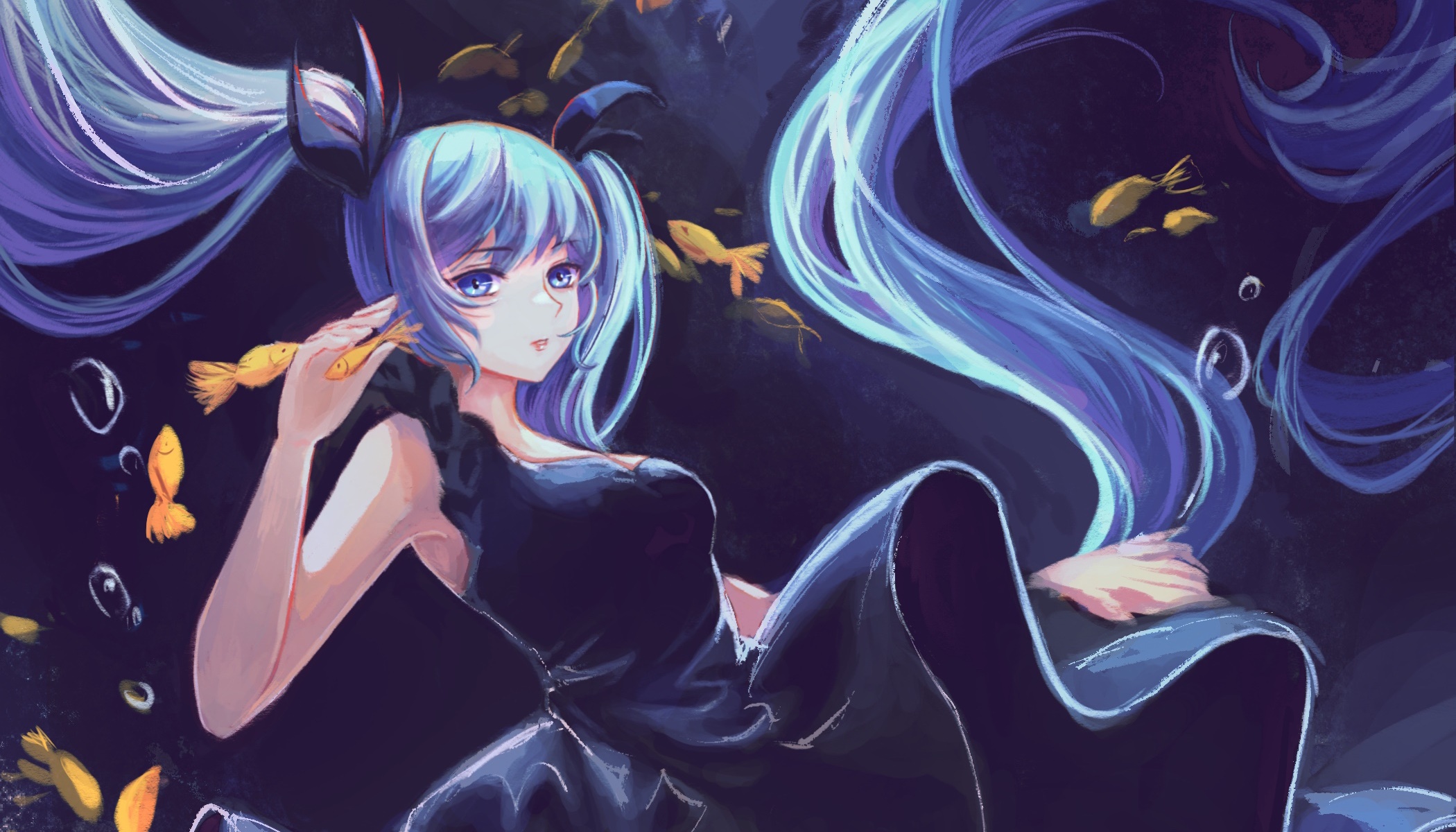 Hatsune Miku underwater with fish HD Wallpaper