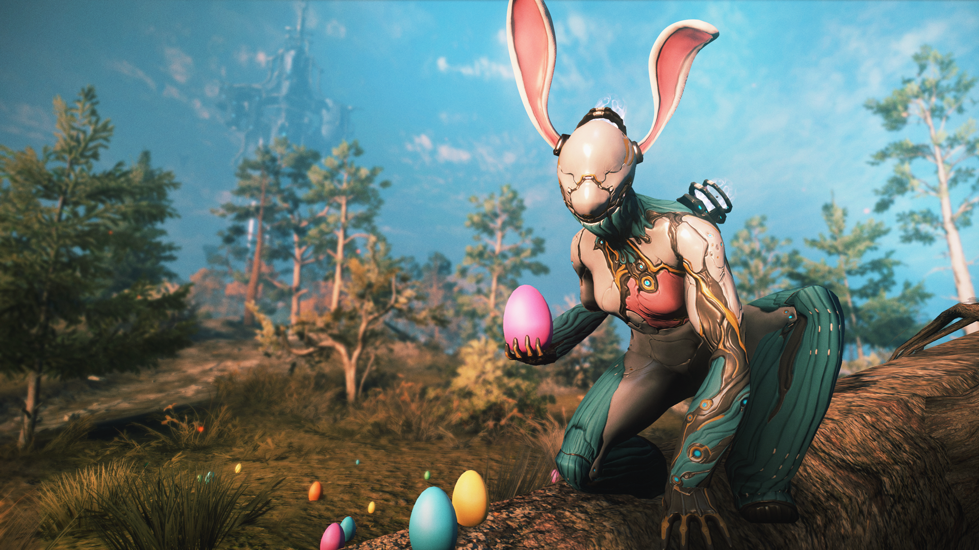 Warframe character with bunny ears and Easter eggs HD Wallpaper