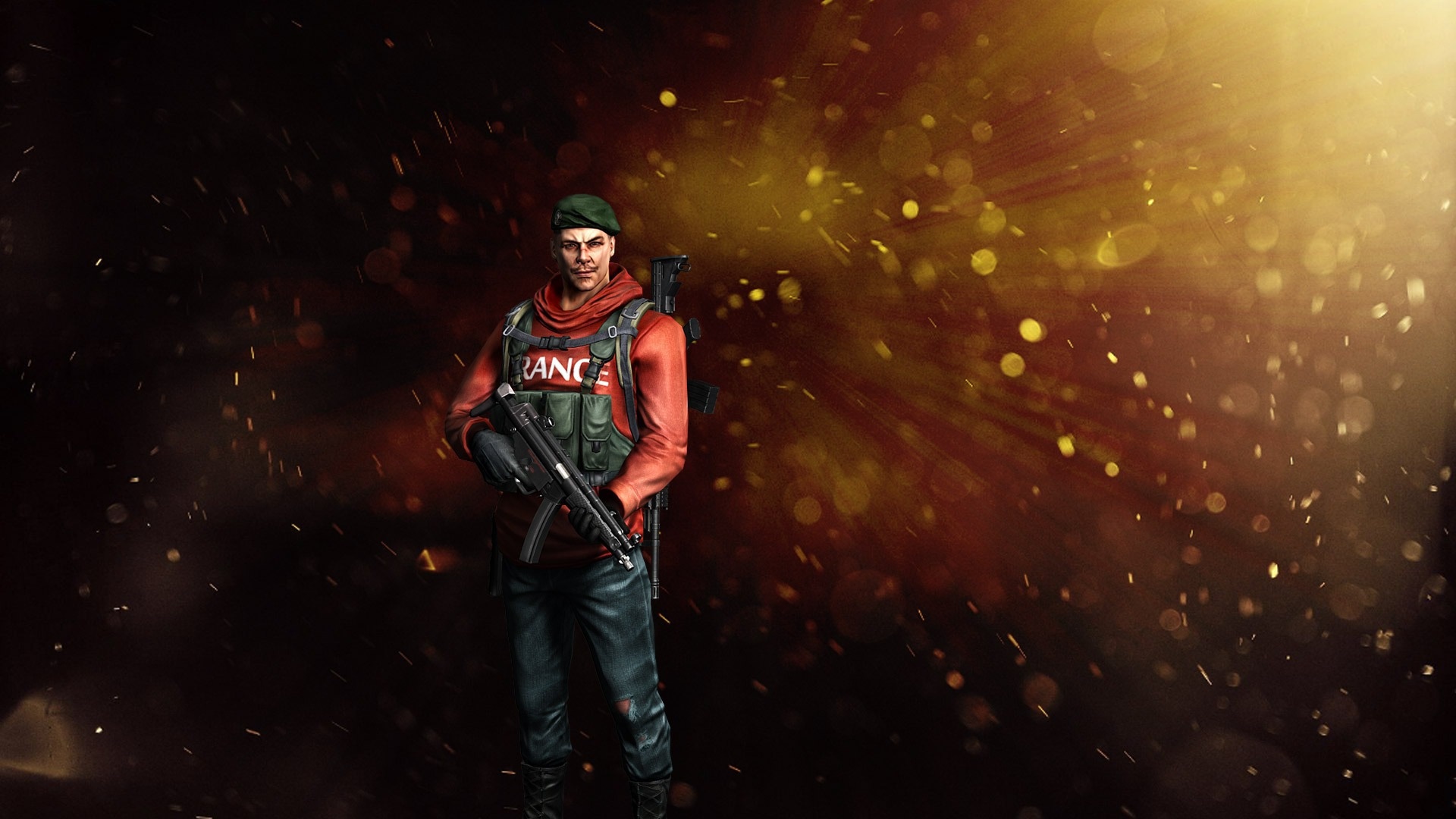 Soldier with rifle in front of bokeh background HD Wallpaper
