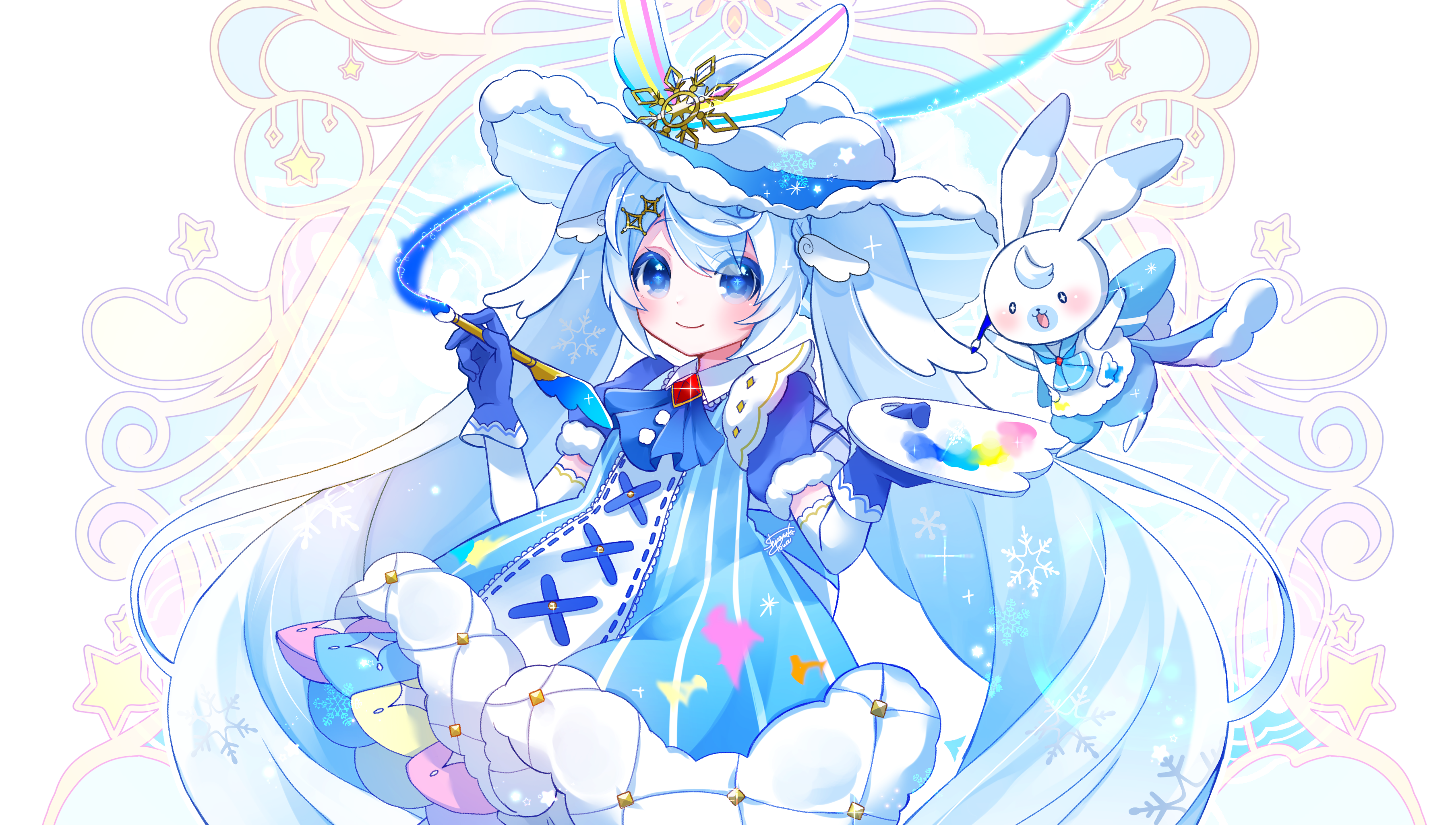 Hatsune Miku painting with a bunny companion HD Wallpaper